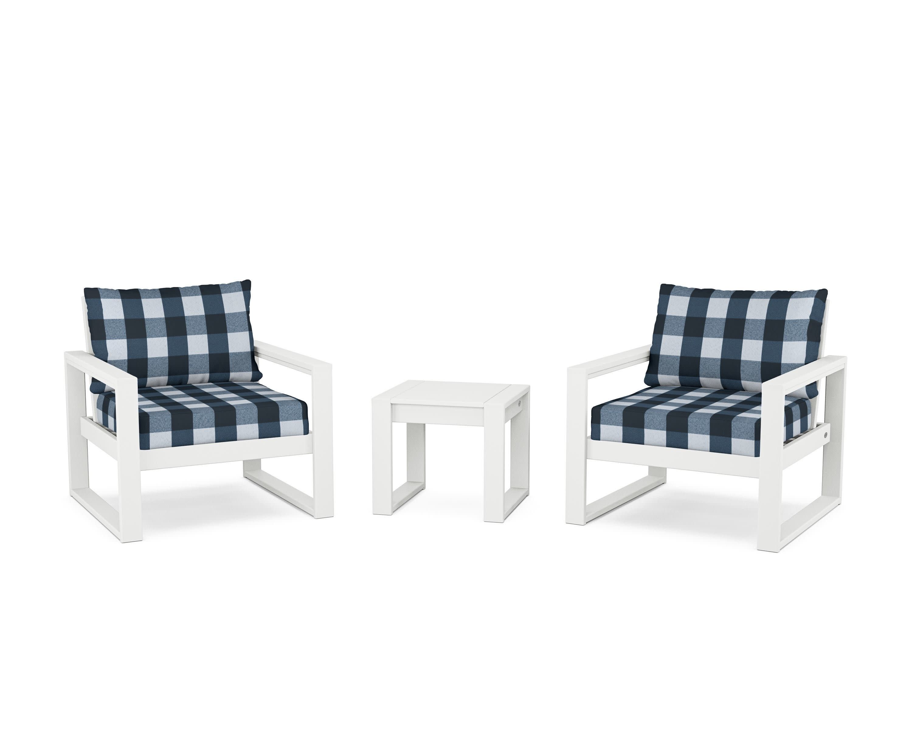 EDGE Sectional 3-Piece Deep Seating Set in White / Buffalo Plaid Marine Indigo