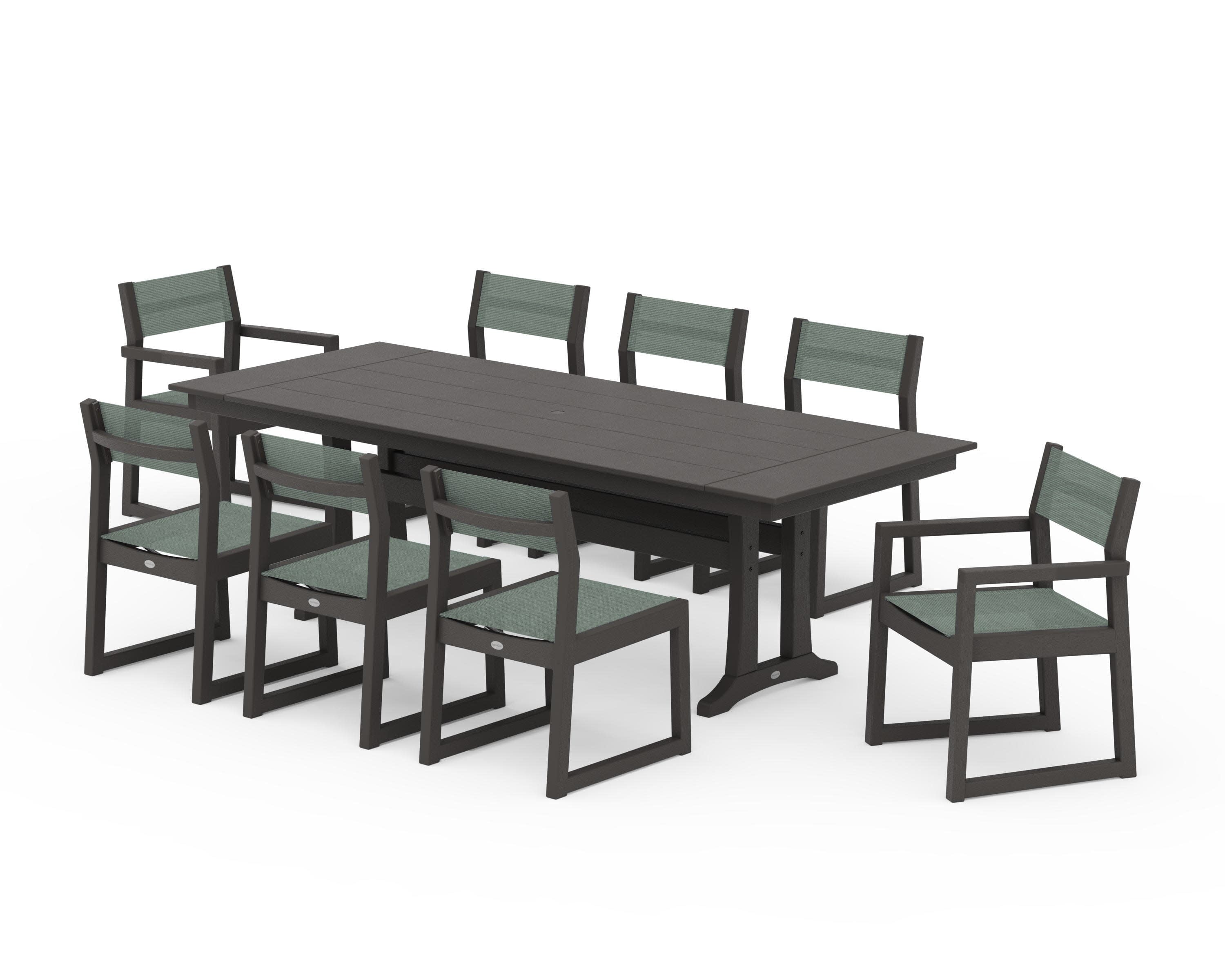 EDGE Sling 9-Piece Farmhouse Trestle Dining Set in Vintage Coffee / Dupioni Sea Mist Sling