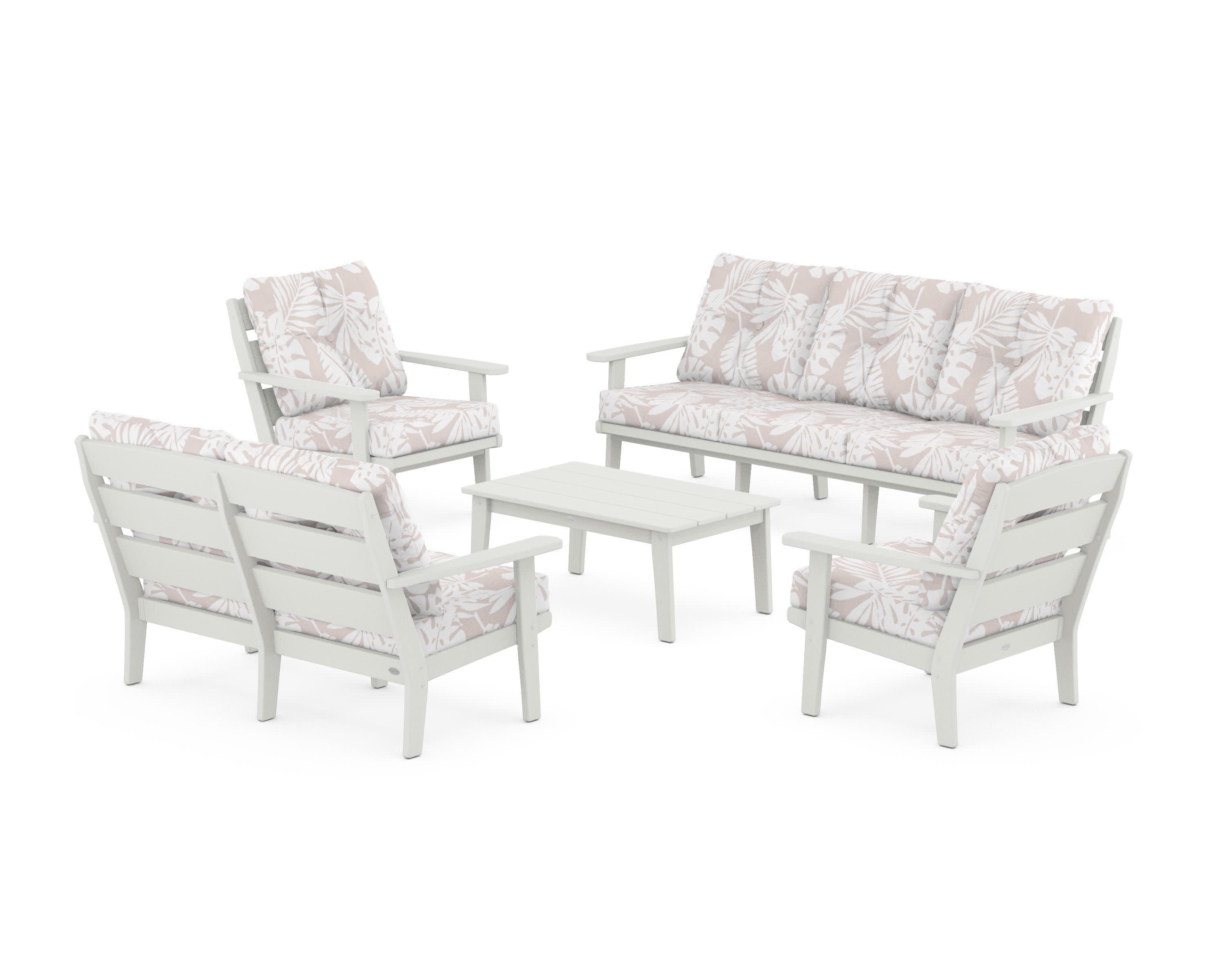 Lakeside 5-Piece Lounge Sofa Set in Vintage White / Leaf Dune Burlap