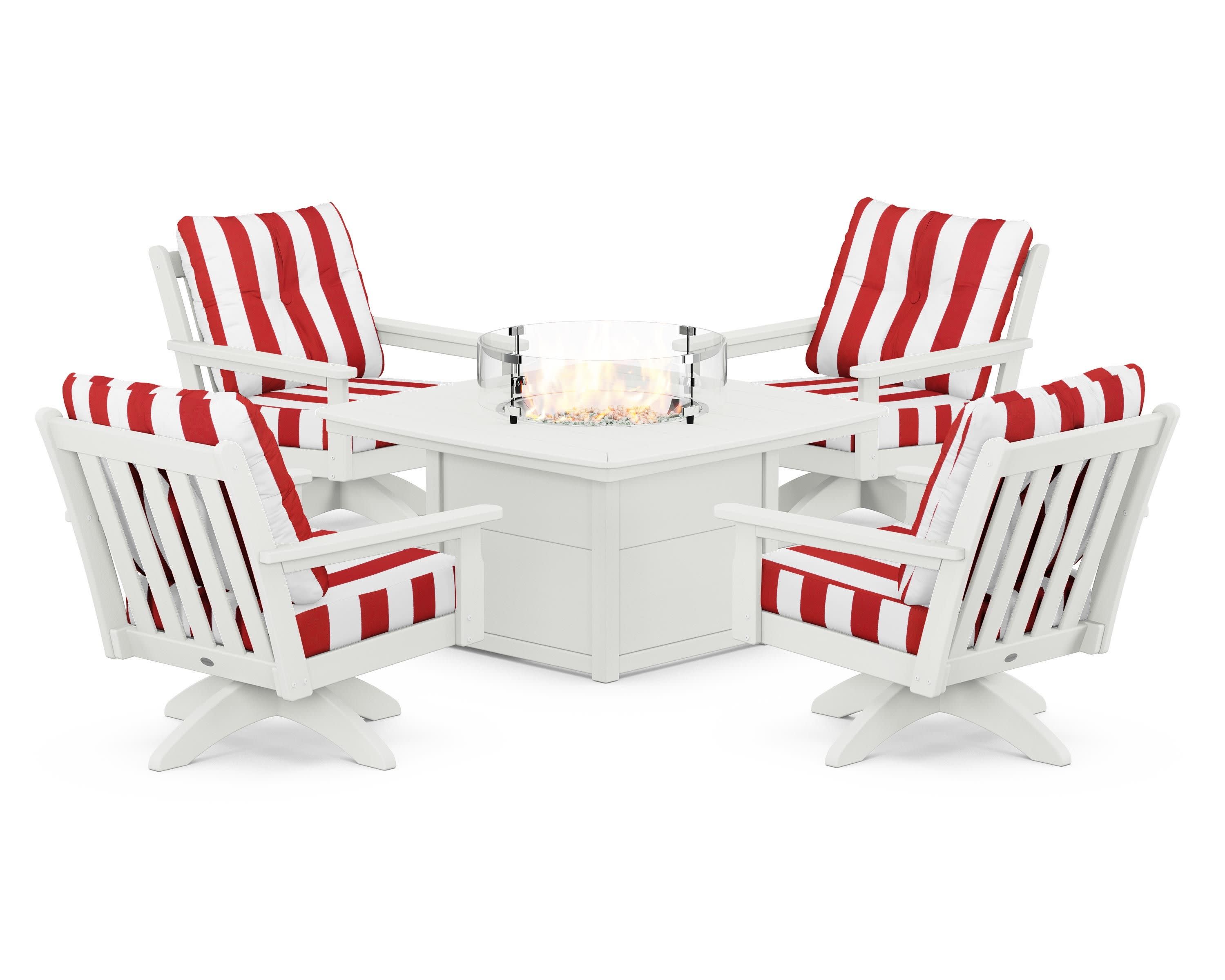 Vineyard 5-Piece Deep Seating Swivel Conversation Set with Fire Pit Table in Vintage White / Cabana Stripe Crimson