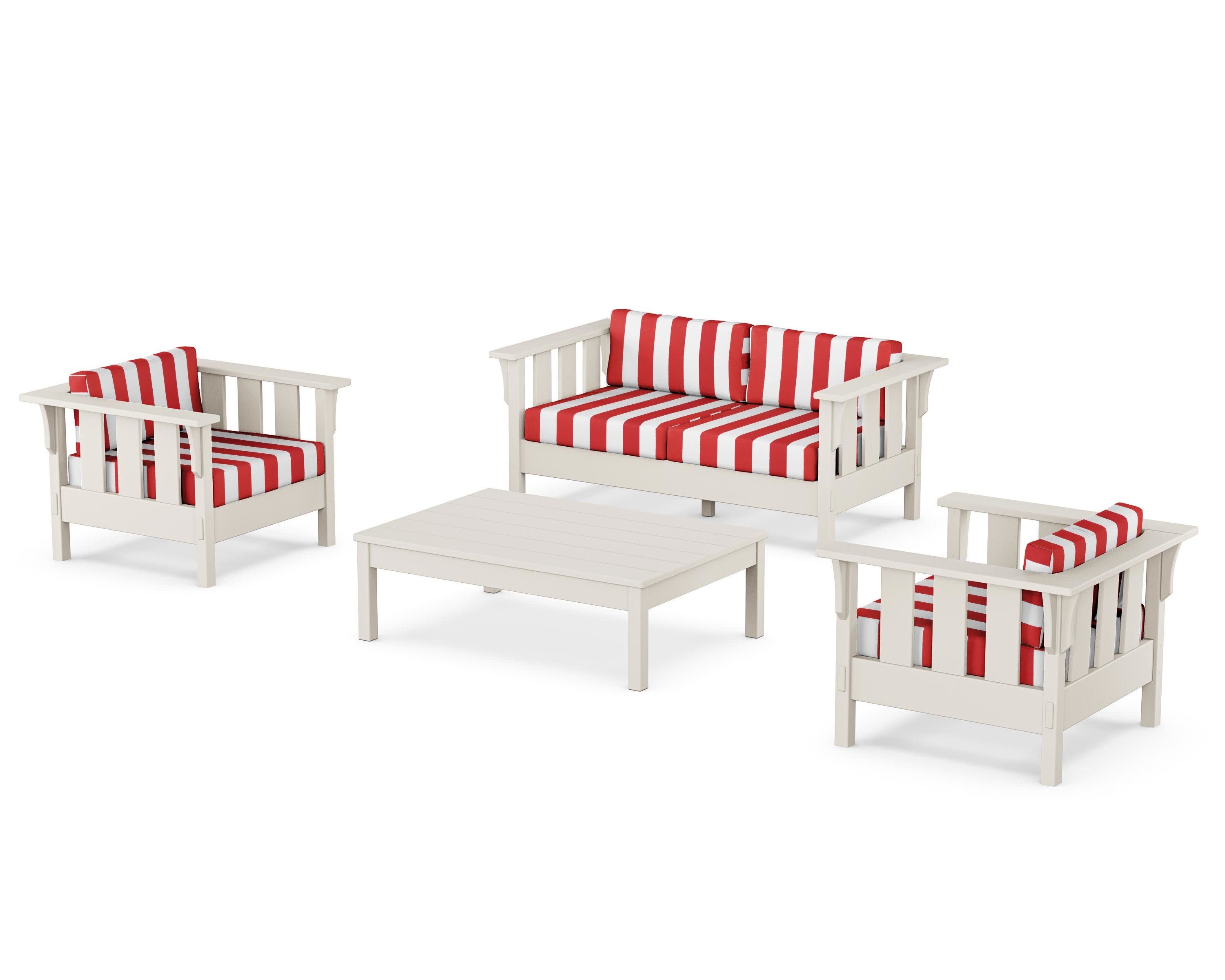 Acadia 4-Piece Deep Seating Set with Loveseat in Sand / Cabana Stripe Crimson