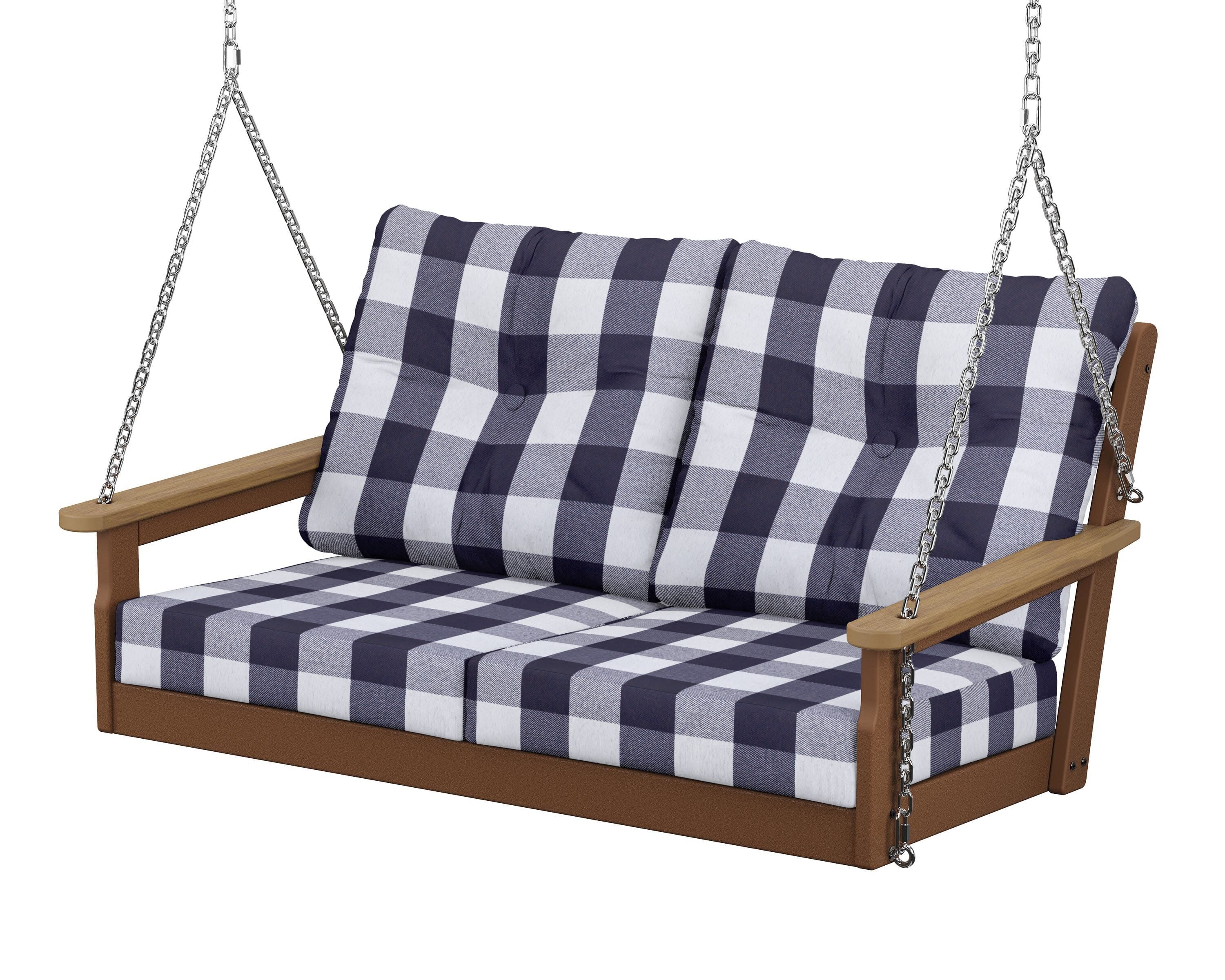 Vineyard Deep Seating Swing in Teak / Natural / Buffalo Plaid Navy