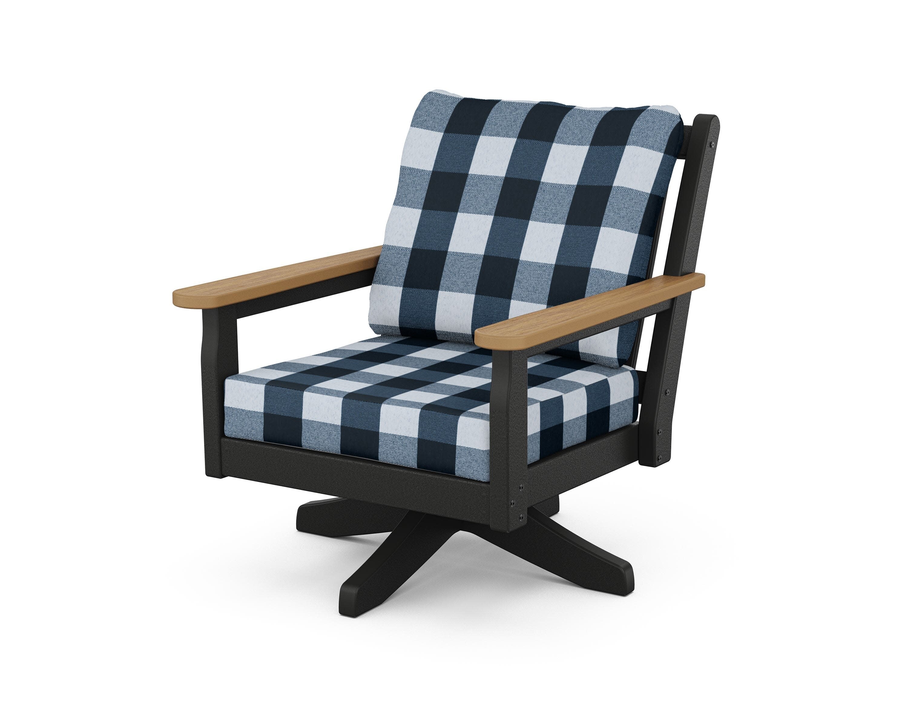 Chippendale Deep Seating Swivel Chair in Black / Natural / Buffalo Plaid Marine Indigo