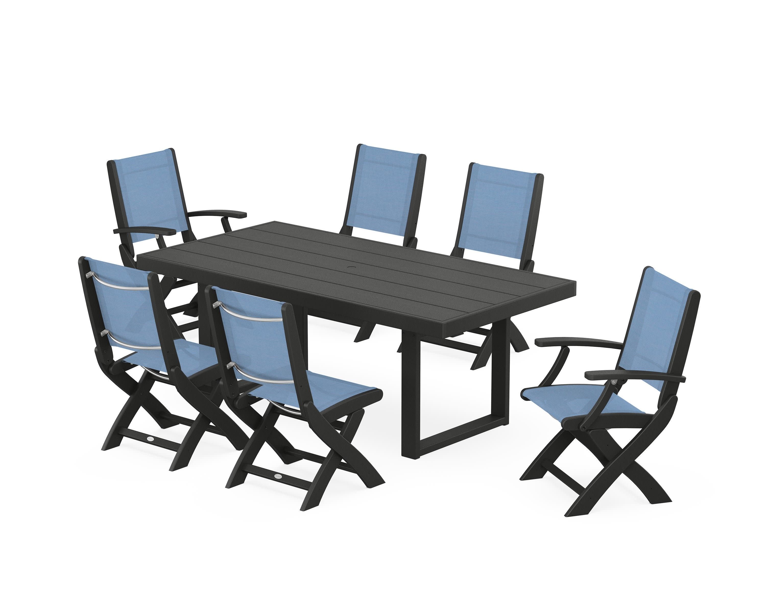 Coastal Folding Chair 7-Piece Dining Set with Trestle Legs in Black / Poolside Sling