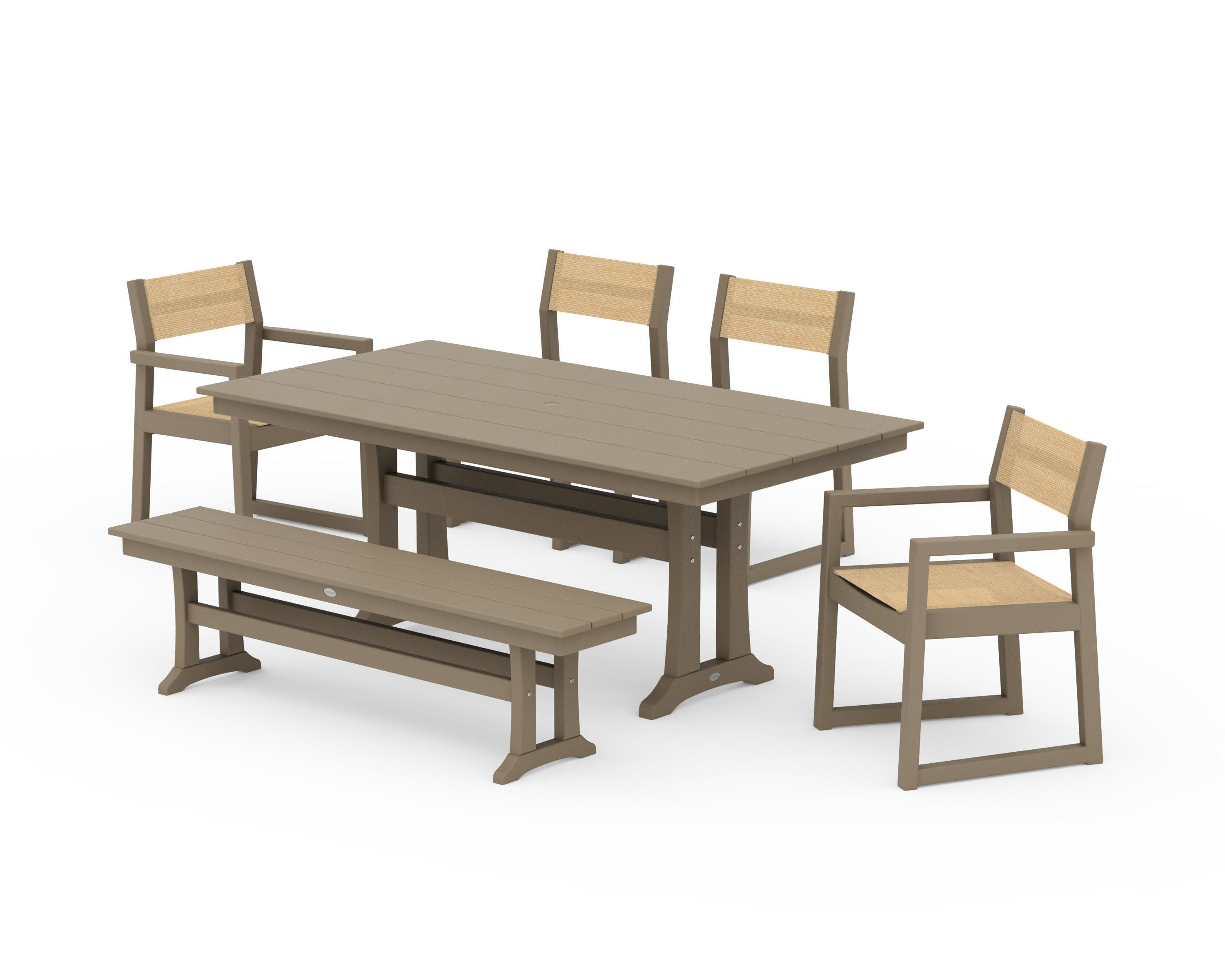 EDGE Sling 6-Piece Farmhouse Dining Set With Trestle Legs in Vintage Sahara / Dupioni Apricot Sling
