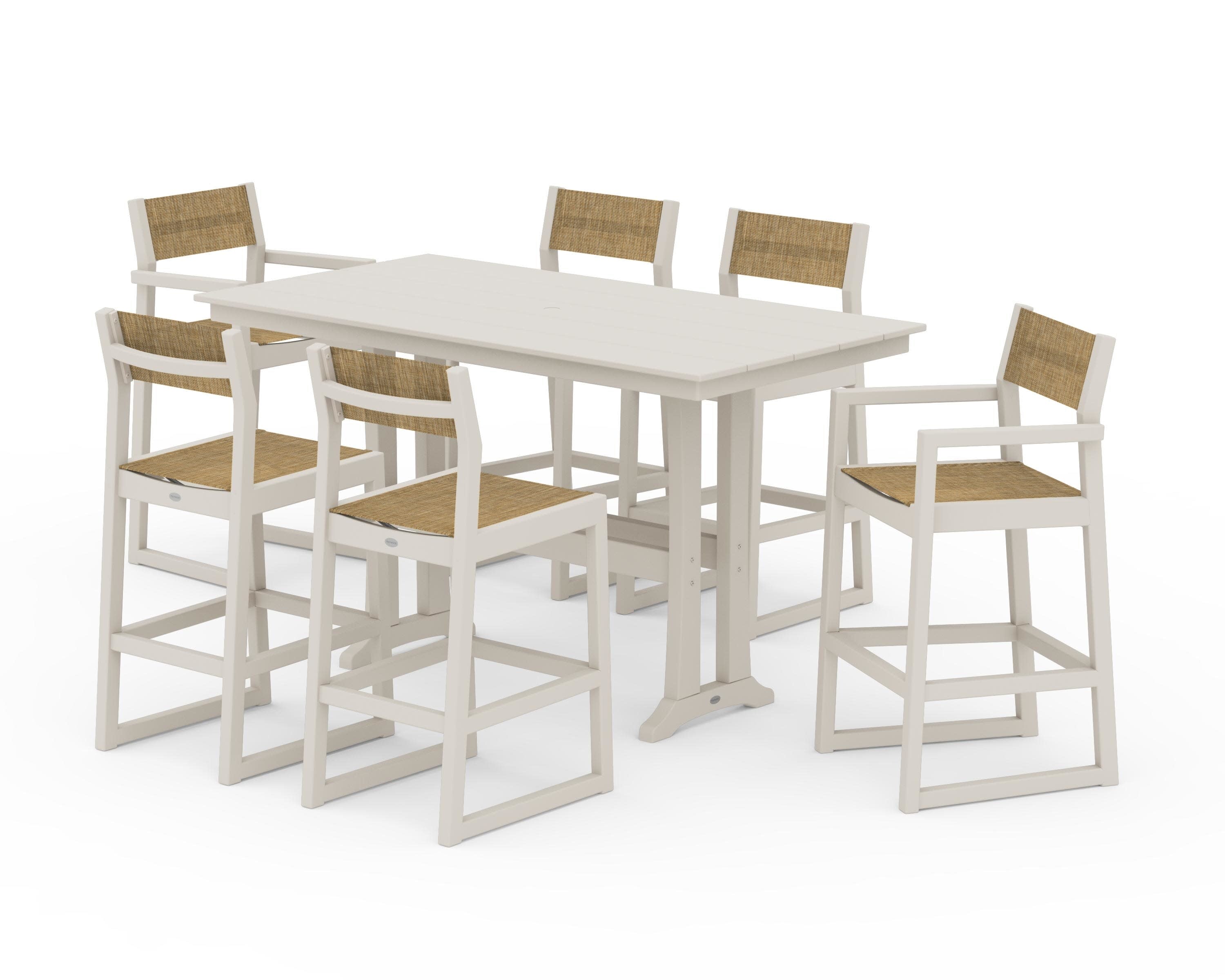 EDGE Sling 7-Piece Farmhouse Bar Set with Trestle Legs in Sand / Burlap Sling