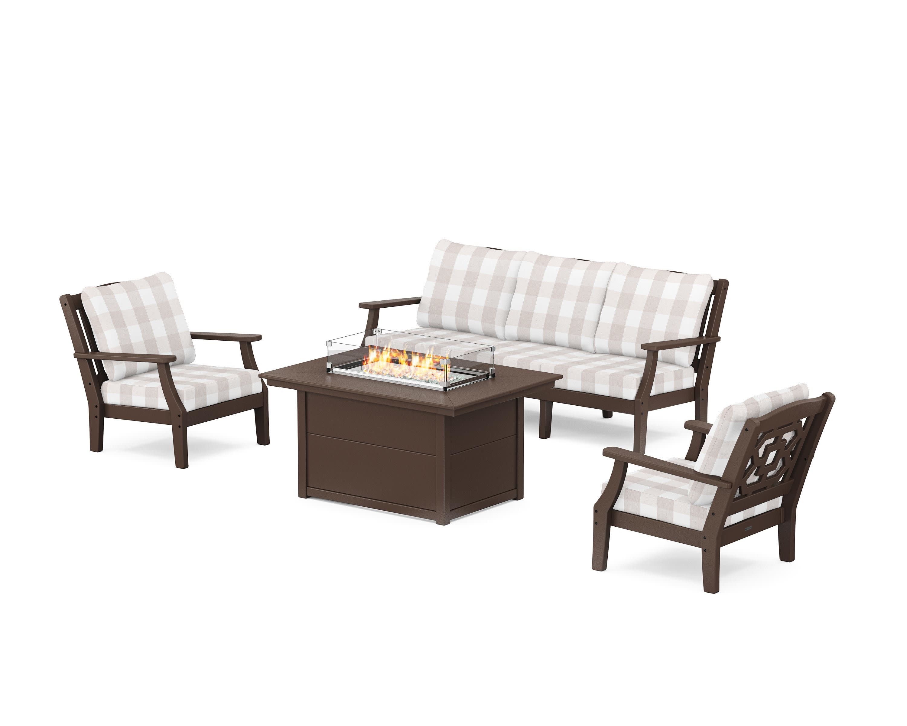 Chinoiserie Deep Seating Fire Pit Table Set in Mahogany / Buffalo Plaid Dune Burlap