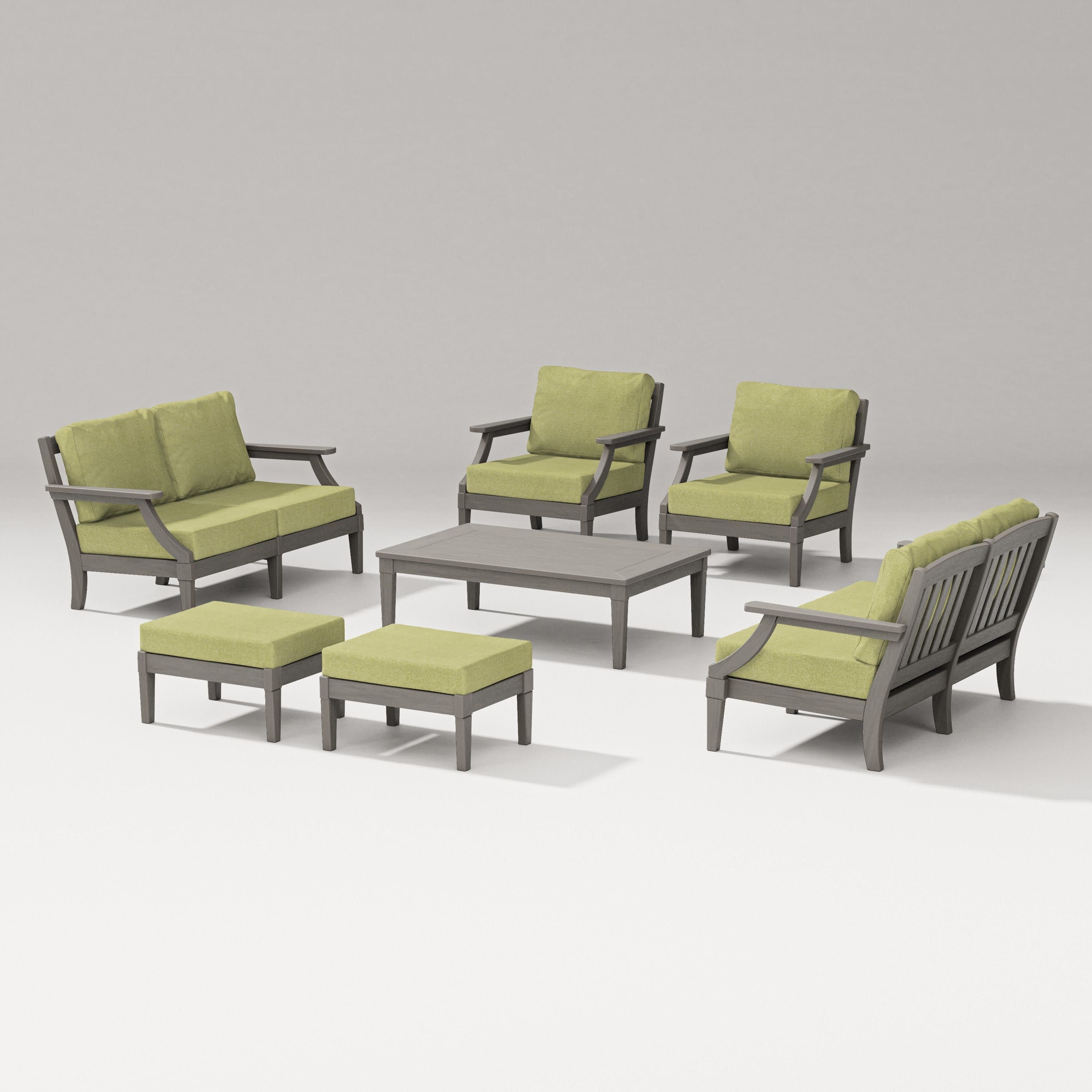 Estate 7-Piece Lounge Loveseat Set in Driftwood / Chartreuse Boucle