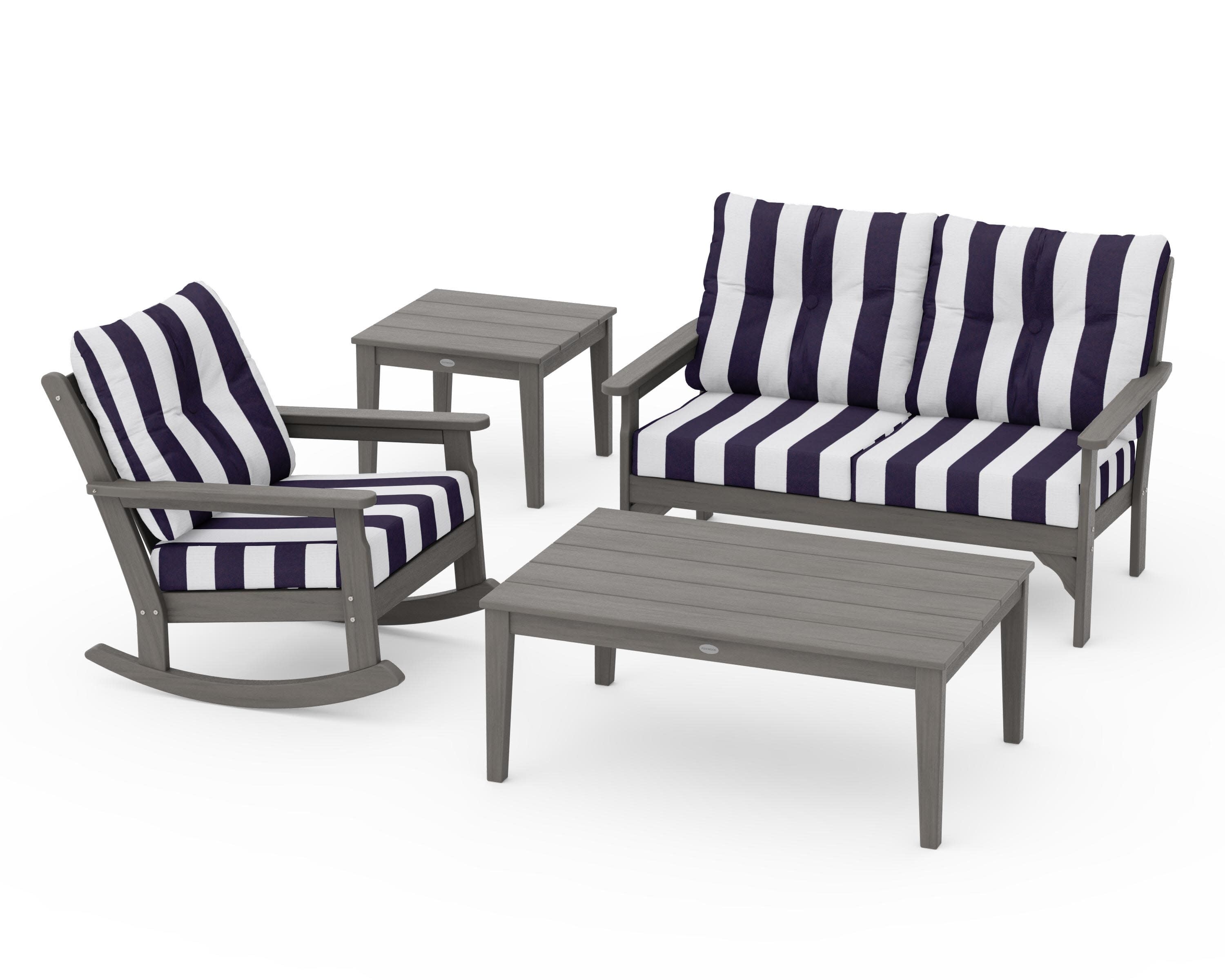Vineyard 4-Piece Deep Seating Rocker Set in Driftwood / Cabana Stripe Navy