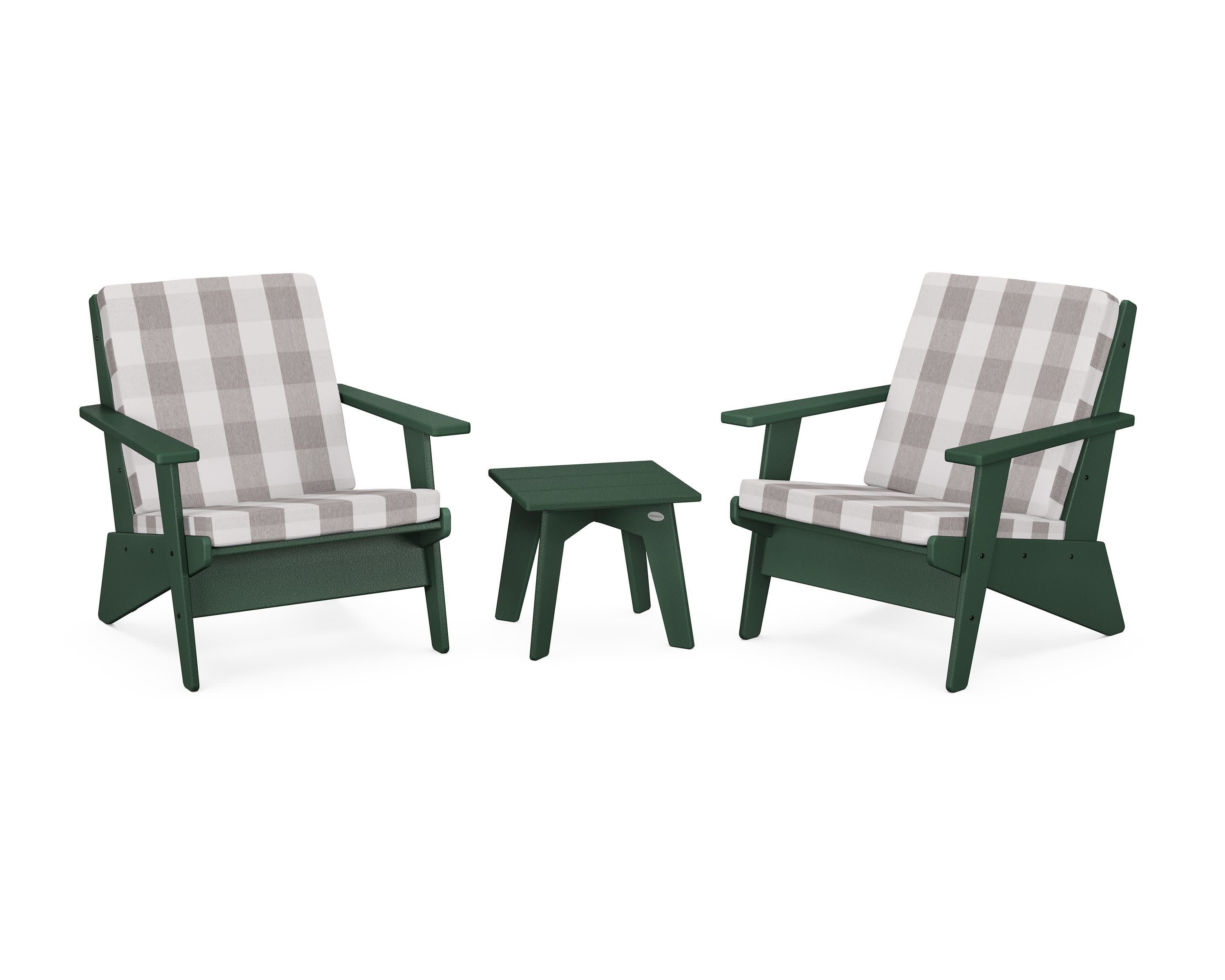 Riviera Modern Lounge 3-Piece Set in Green / Buffalo Plaid Grey Mist