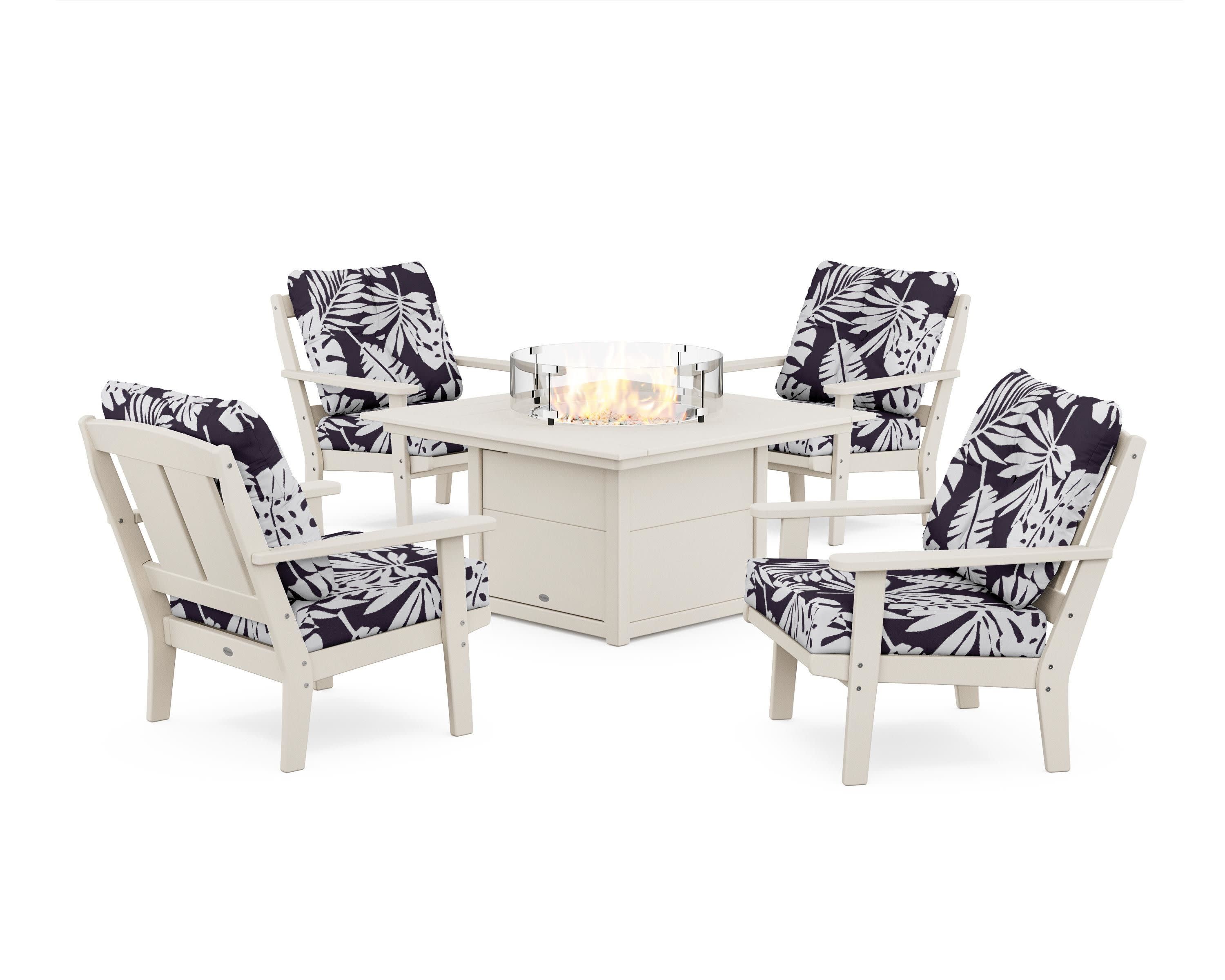 Mission 5-Piece Deep Seating Set with Fire Pit Table in Sand / Leaf Navy