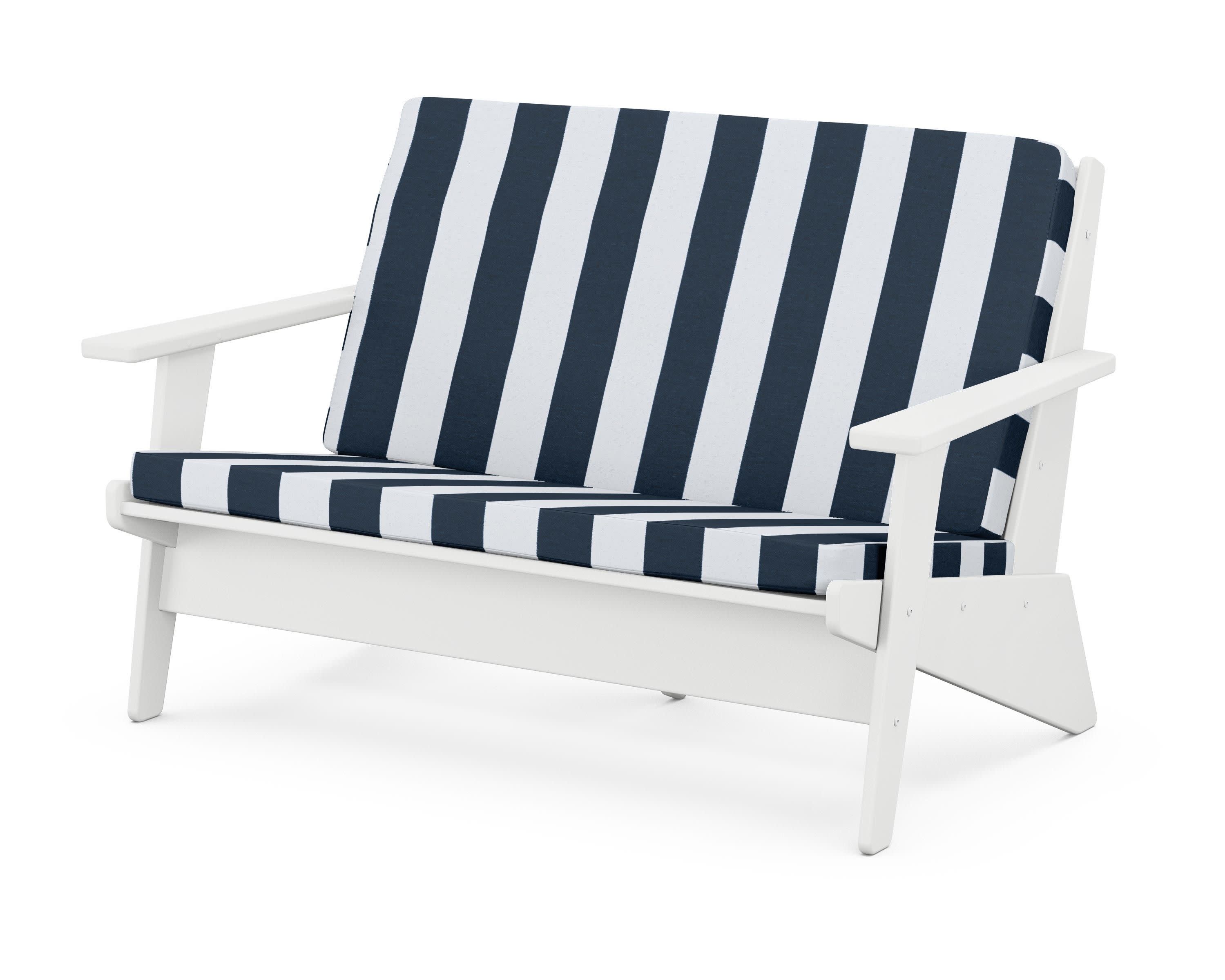 Riviera Modern Lounge Loveseat in White / Cabana Stripe Marine Indigo