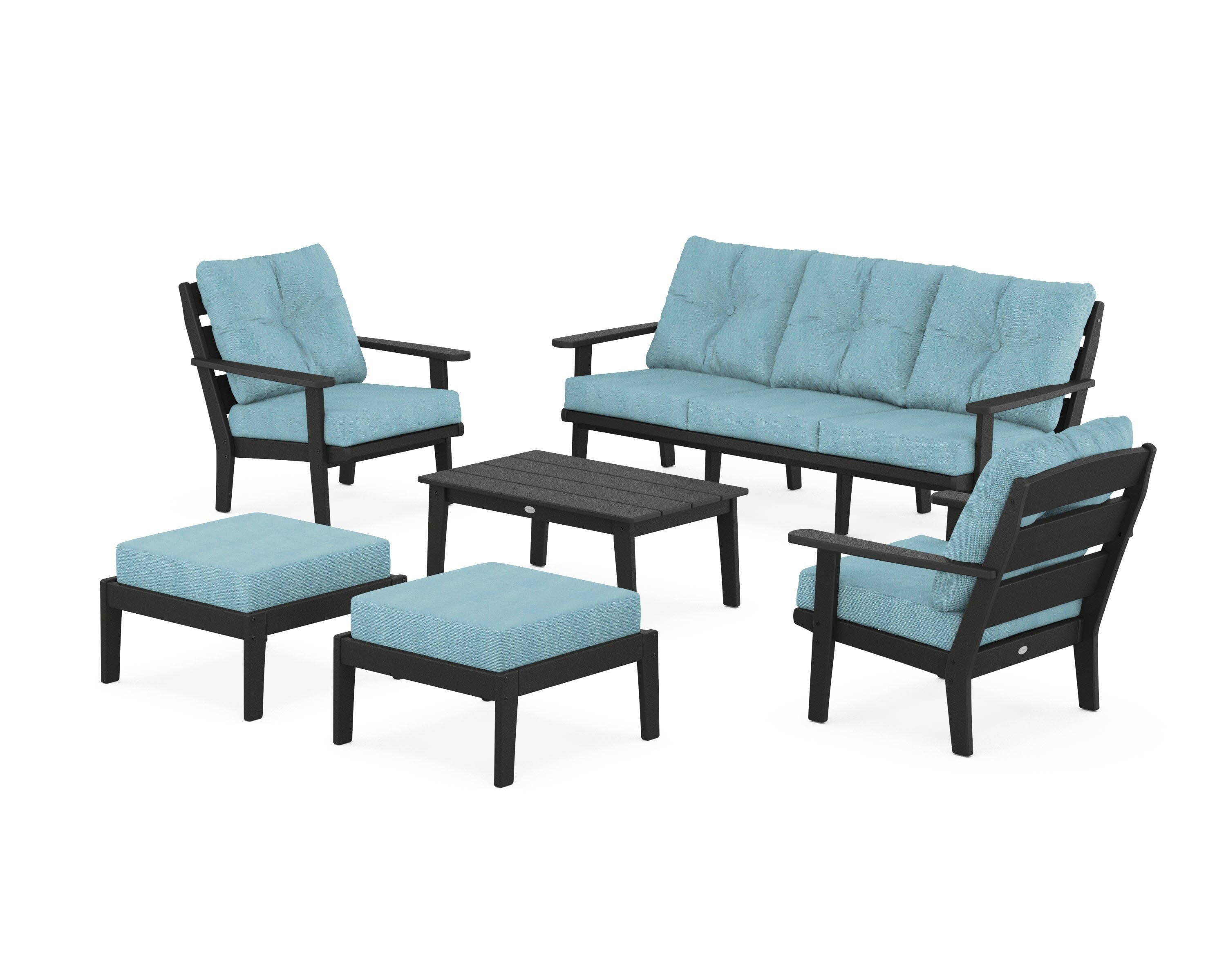 Lakeside 6-Piece Lounge Sofa Set in Black / Lattice Sky Blue