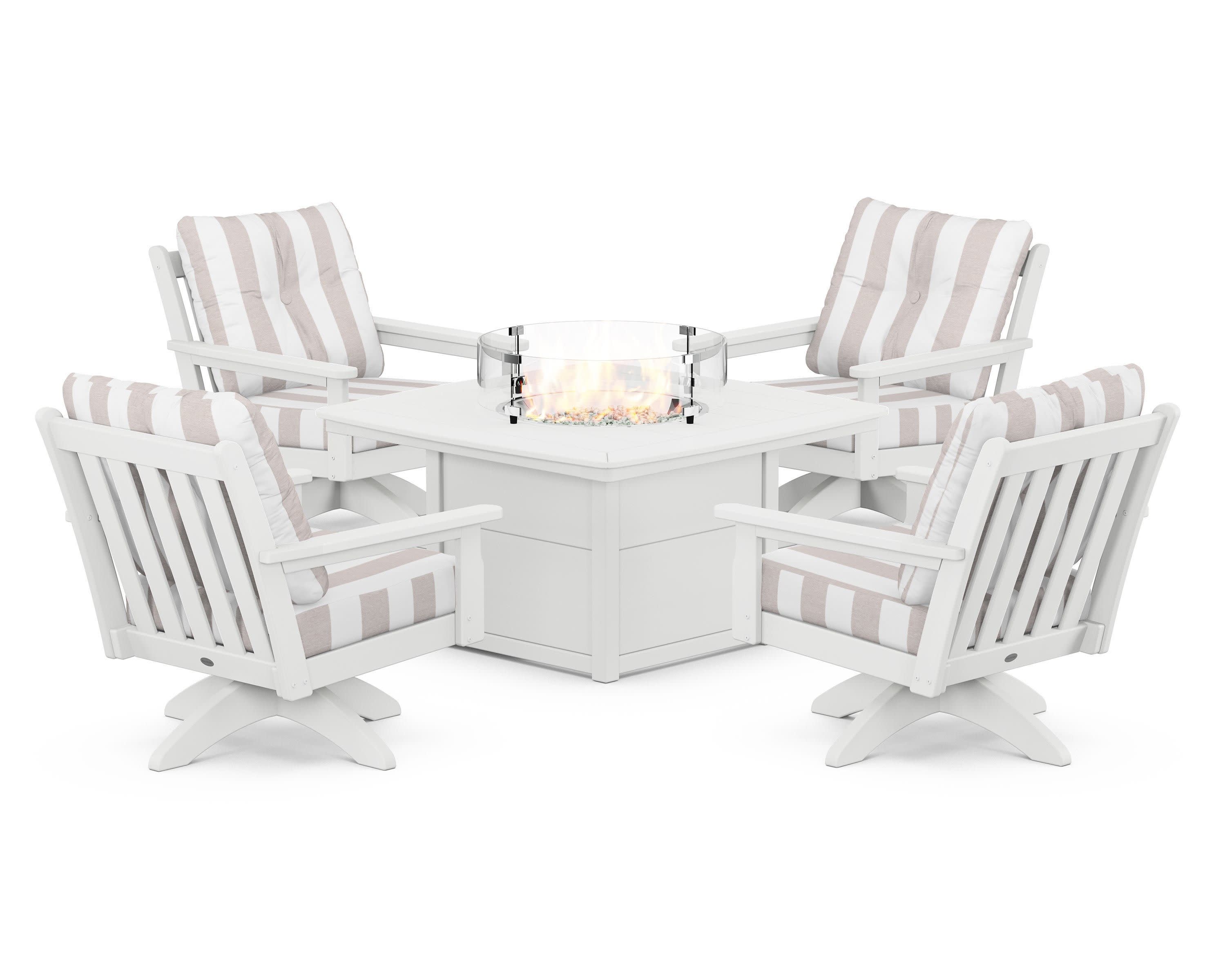 Vineyard 5-Piece Deep Seating Swivel Conversation Set with Fire Pit Table in White / Cabana Stripe Dune Burlap