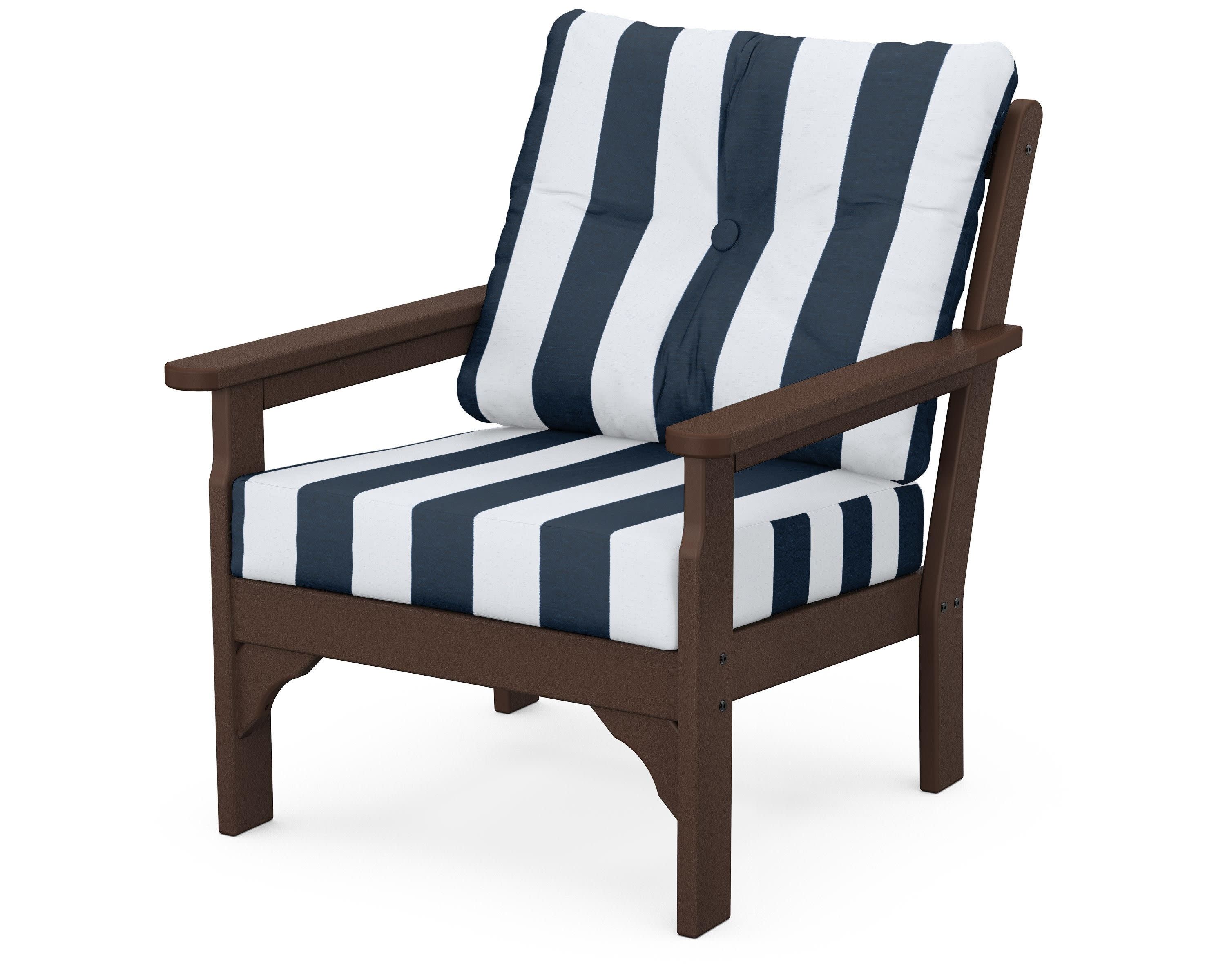 Vineyard Deep Seating Chair in Mahogany / Cabana Stripe Marine Indigo