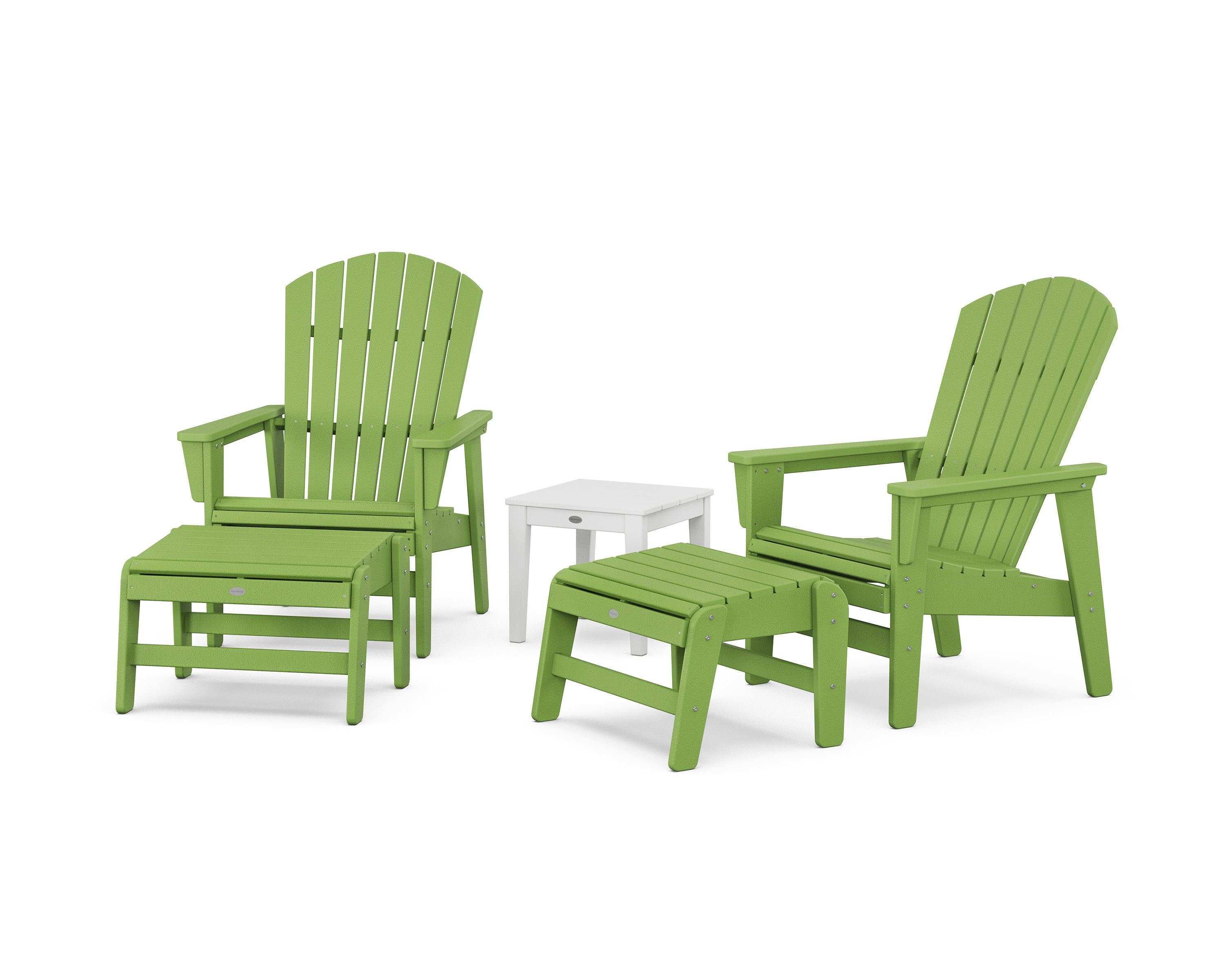 5-Piece Nautical Grand Upright Adirondack Set with Ottomans and Side Table in Lime / White