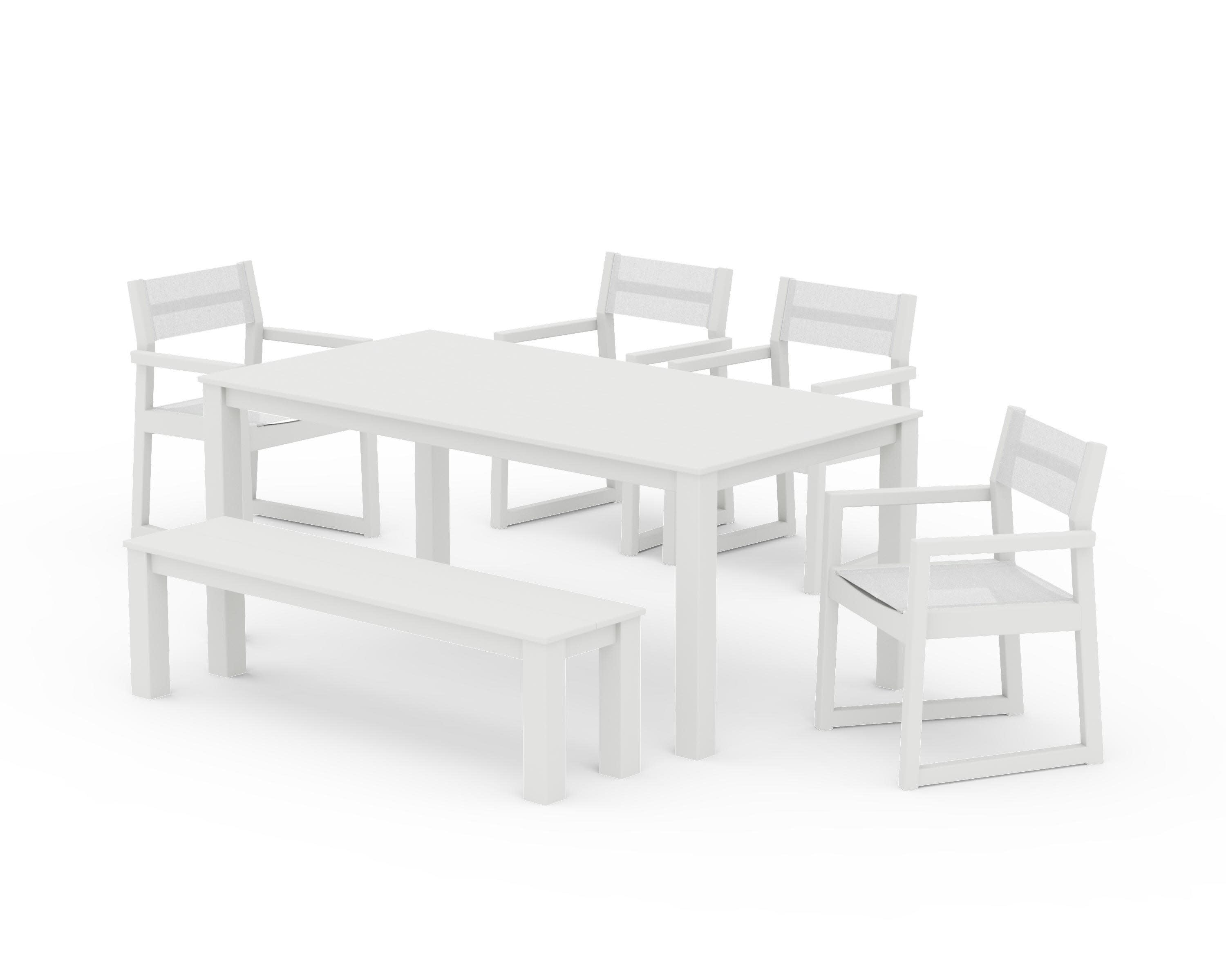 EDGE Sling Arm Chair 6-Piece Parsons Dining Set with Bench in Vintage White / White Sling