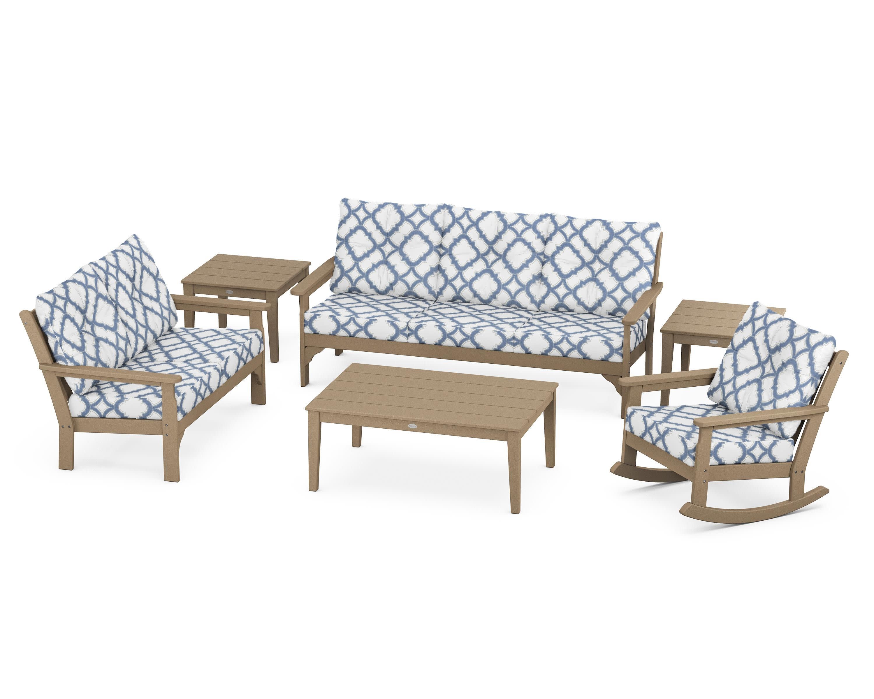 Vineyard 6-Piece Deep Seating Set in Vintage Sahara / Trellis Sky Blue