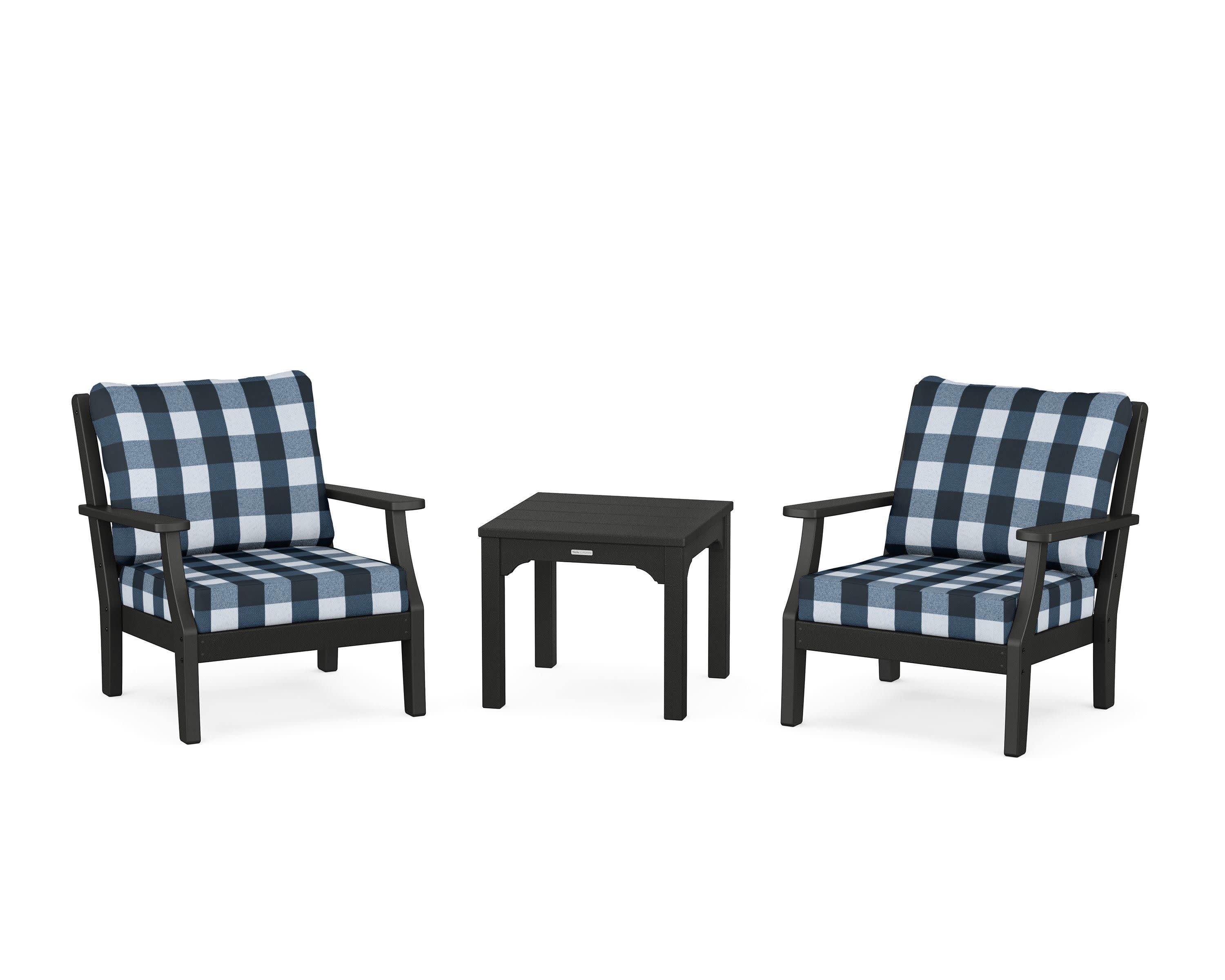 Chinoiserie 3-Piece Deep Seating Set in Black / Buffalo Plaid Marine Indigo