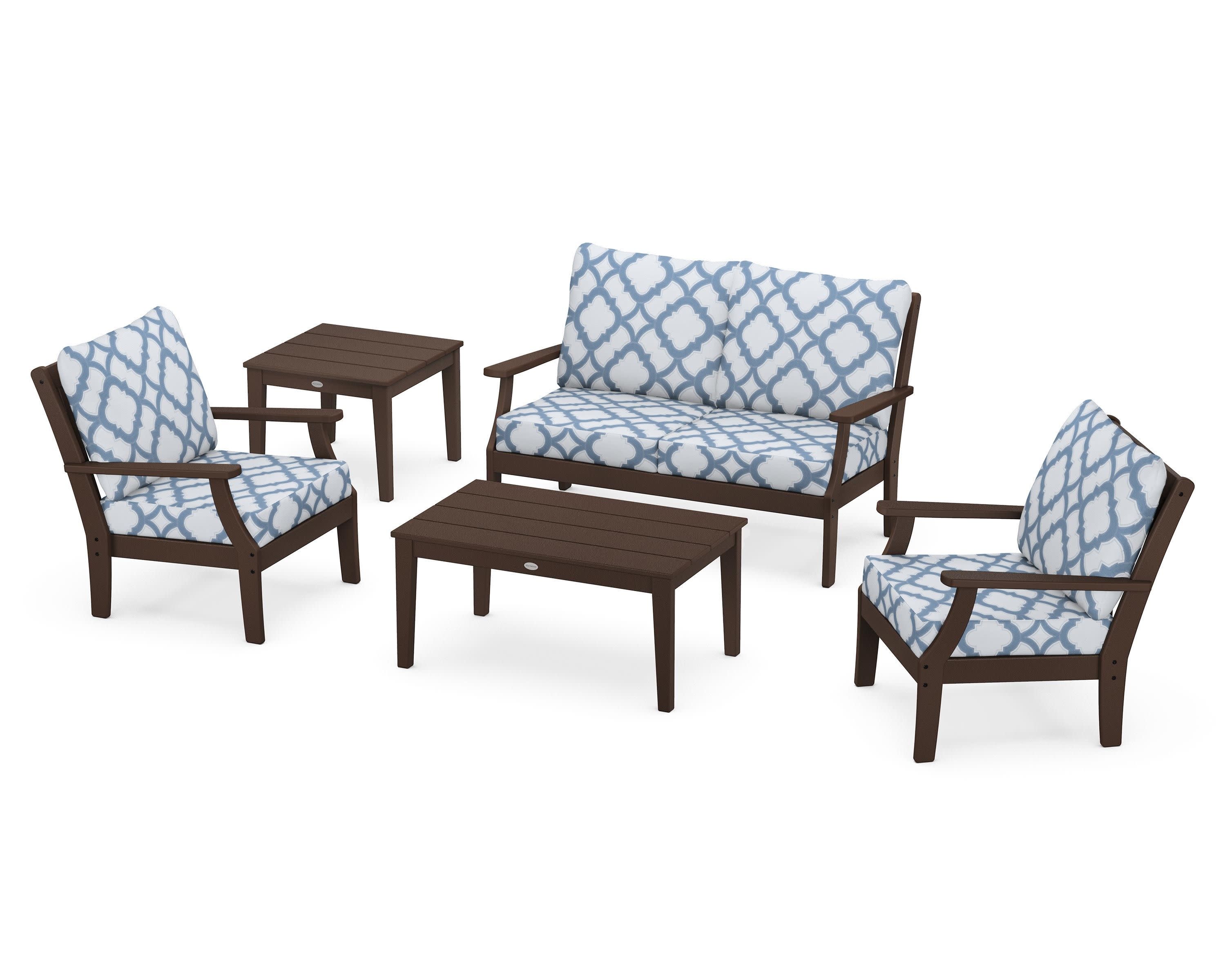 Braxton 5-Piece Deep Seating Set in Mahogany / Trellis Sky Blue