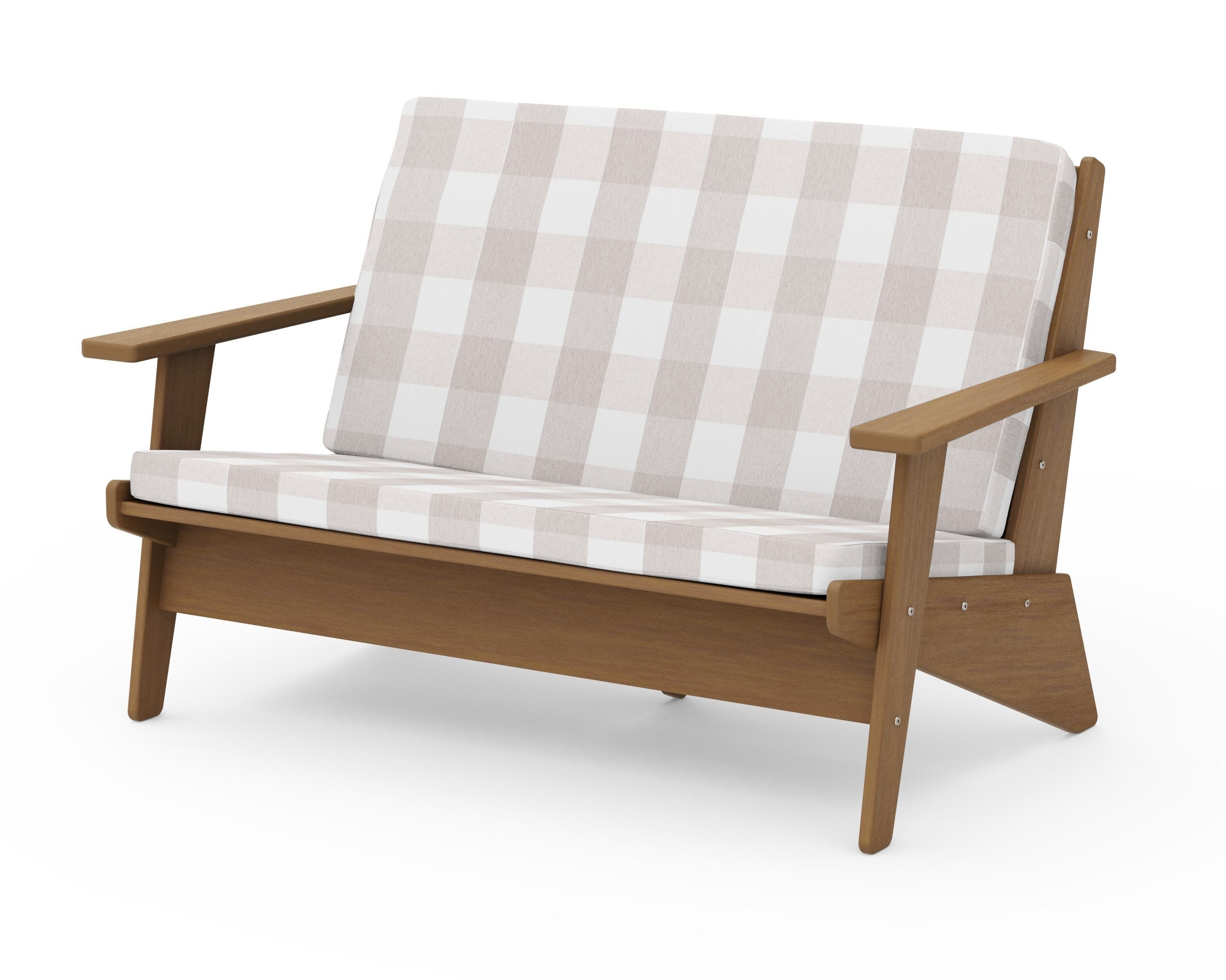Riviera Modern Lounge Loveseat in Natural / Buffalo Plaid Dune Burlap