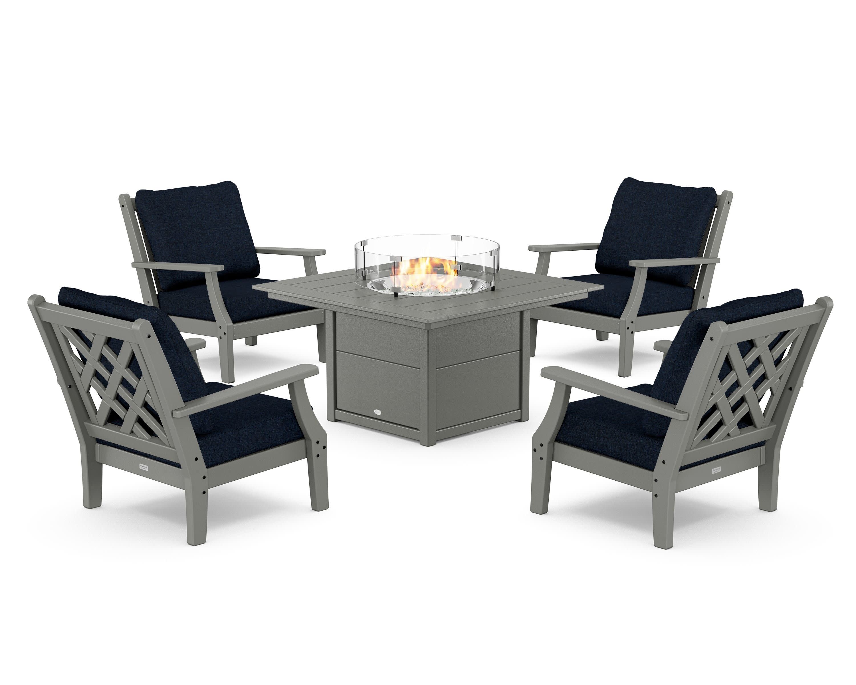Wovendale 5-Piece Deep Seating Set with Fire Pit Table in Slate Grey / Marine Indigo