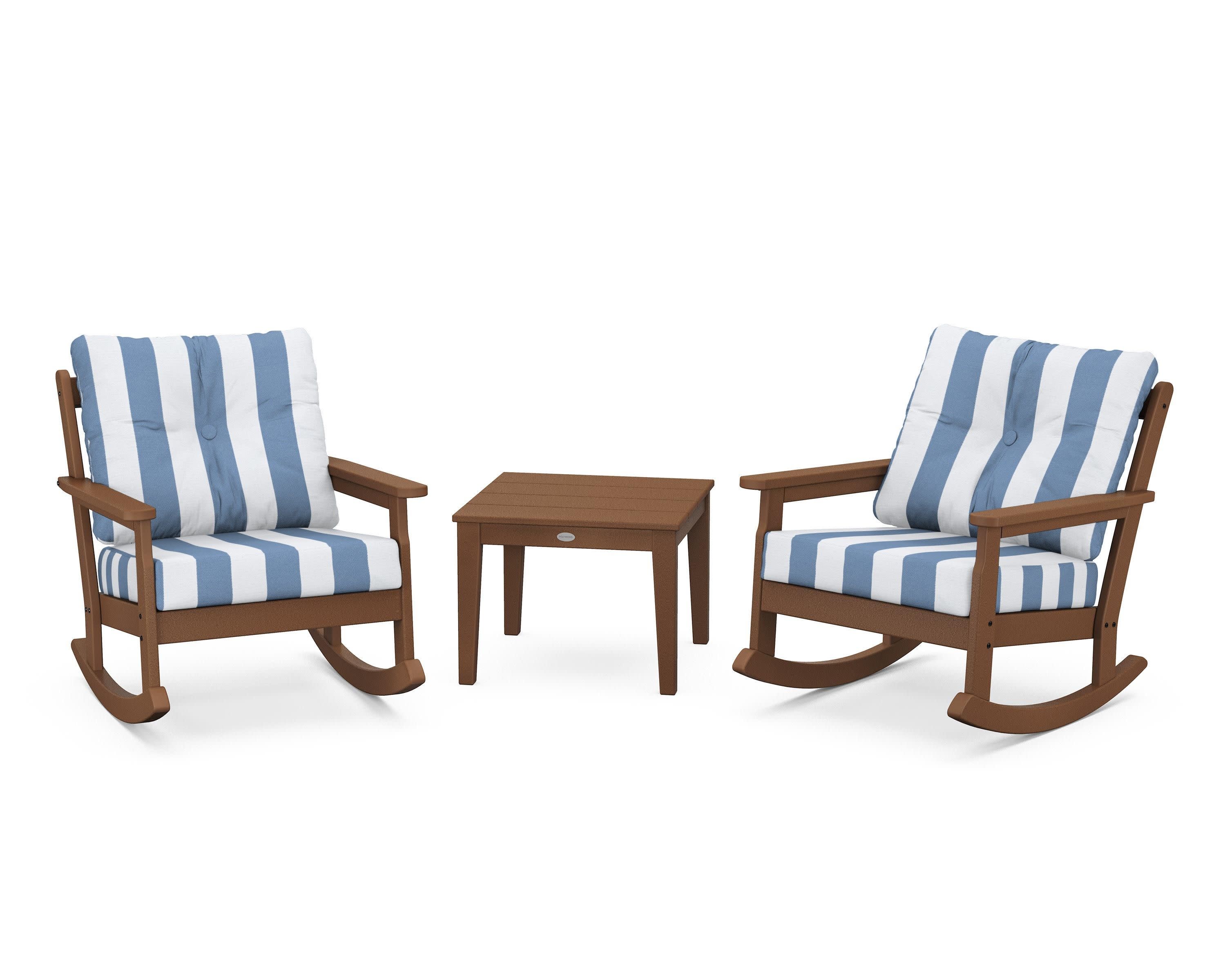 Vineyard 3-Piece Deep Seating Rocker Set in Teak / Cabana Stripe Sky Blue