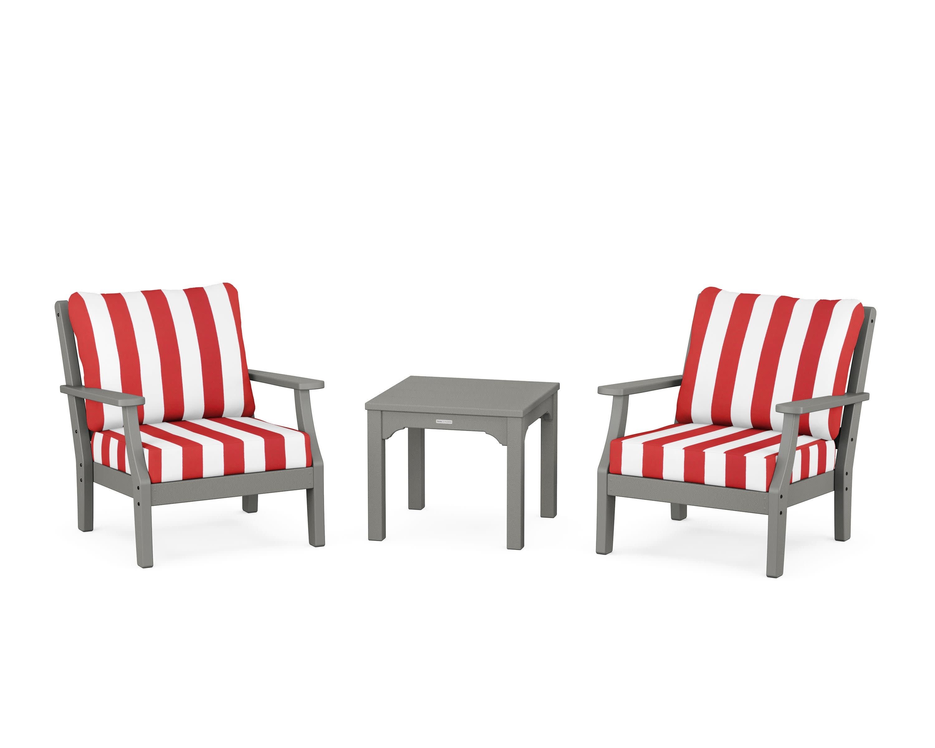 Chinoiserie 3-Piece Deep Seating Set in Slate Grey / Cabana Stripe Crimson