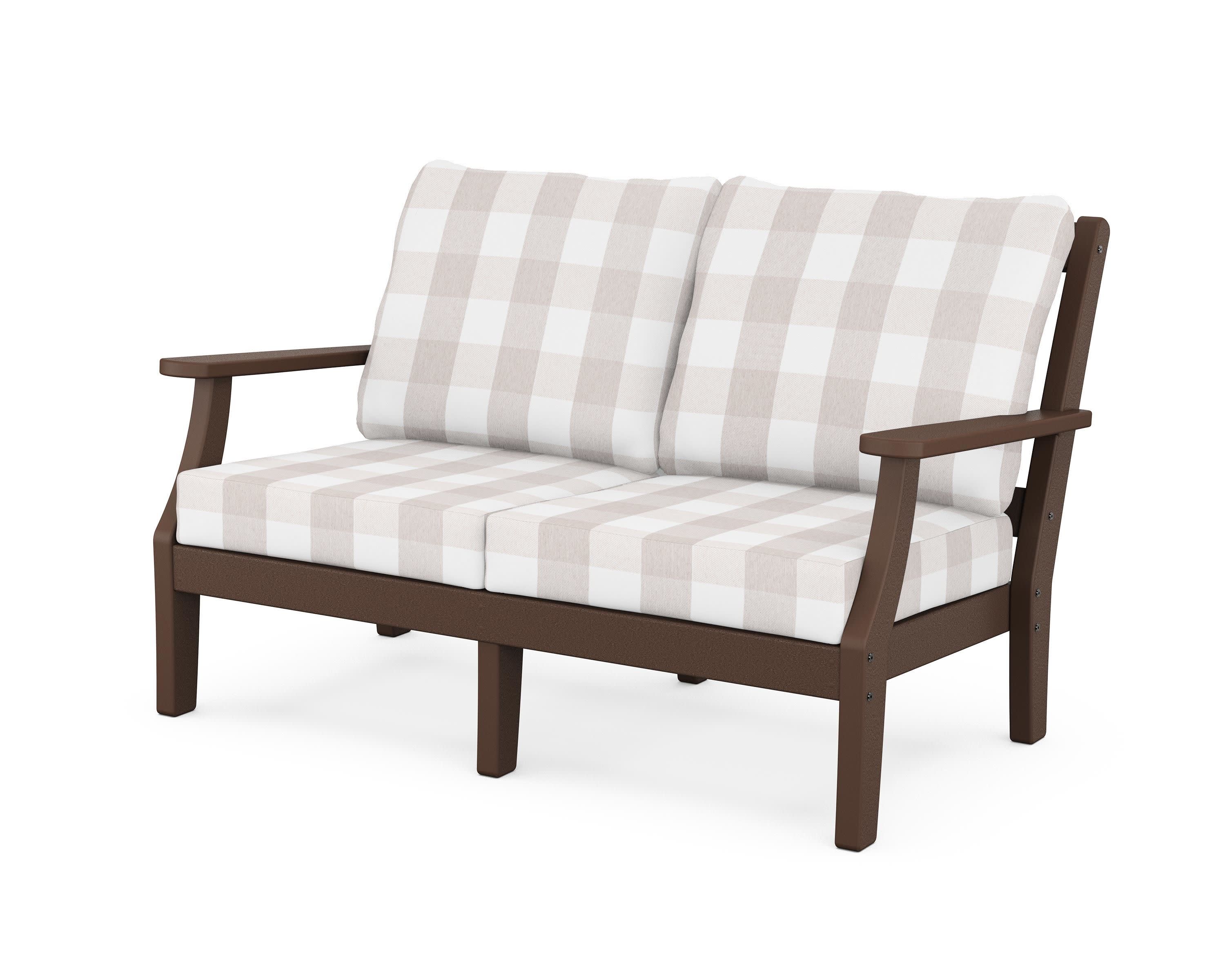 Chinoiserie Deep Seating Loveseat in Mahogany / Buffalo Plaid Dune Burlap