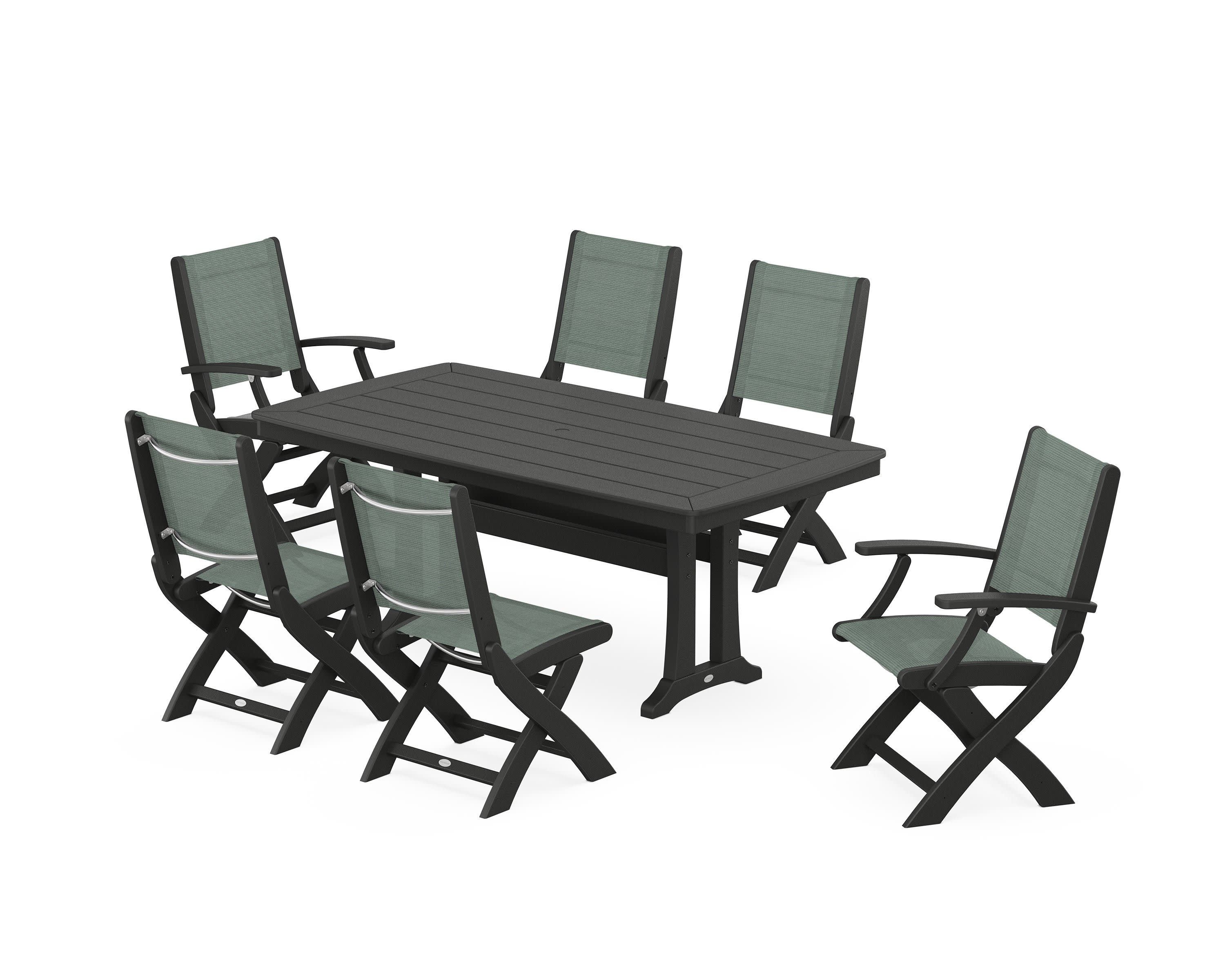 Coastal Folding Chair 7-Piece Dining Set with Trestle Legs in Black / Dupioni Sea Mist Sling