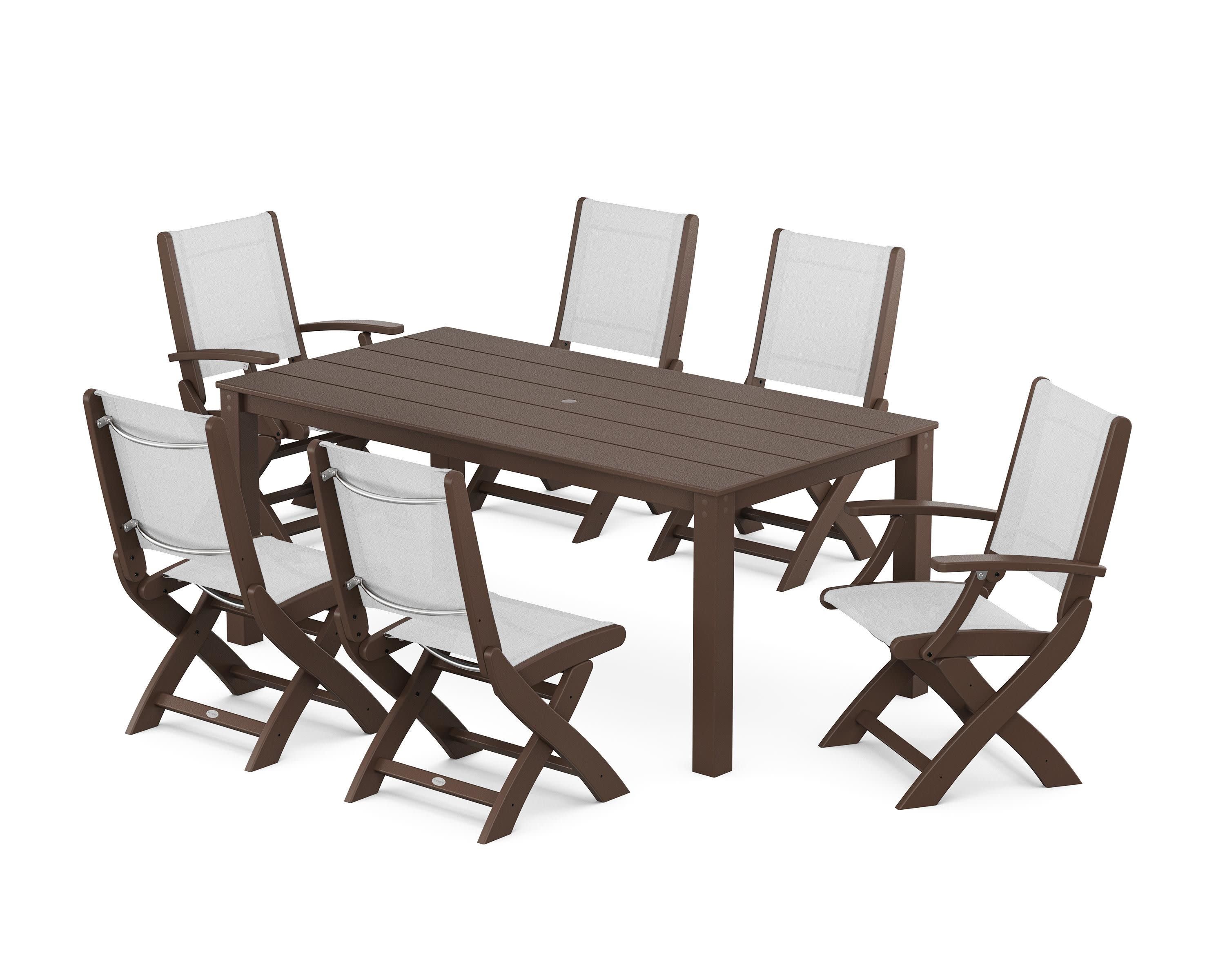 Coastal Folding Chair 7-Piece Parsons Dining Set in Mahogany / White Sling