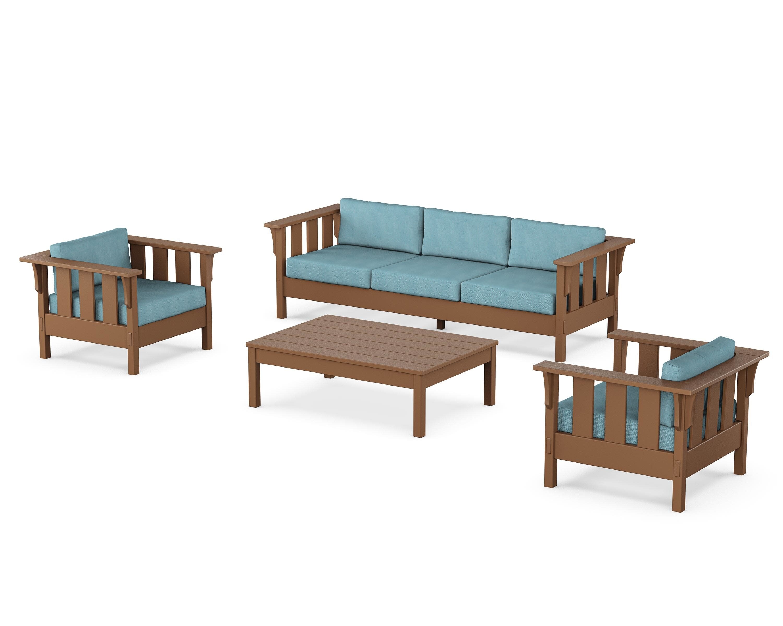 Acadia 4-Piece Deep Seating Set with Sofa in Teak / Lattice Sky Blue