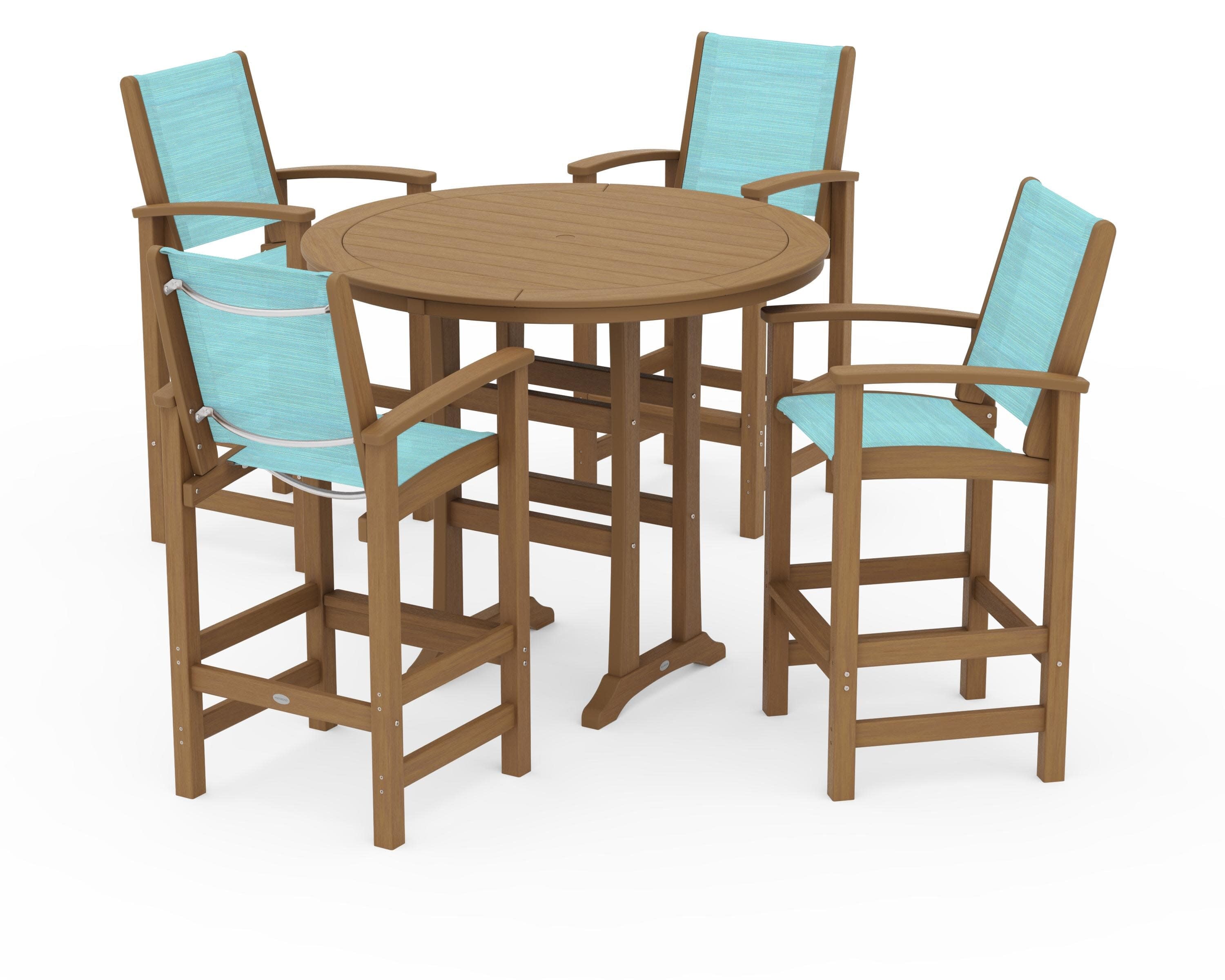 Coastal 5-Piece Nautical Trestle Bar Set in Natural / Dupioni Aquamarine Sling