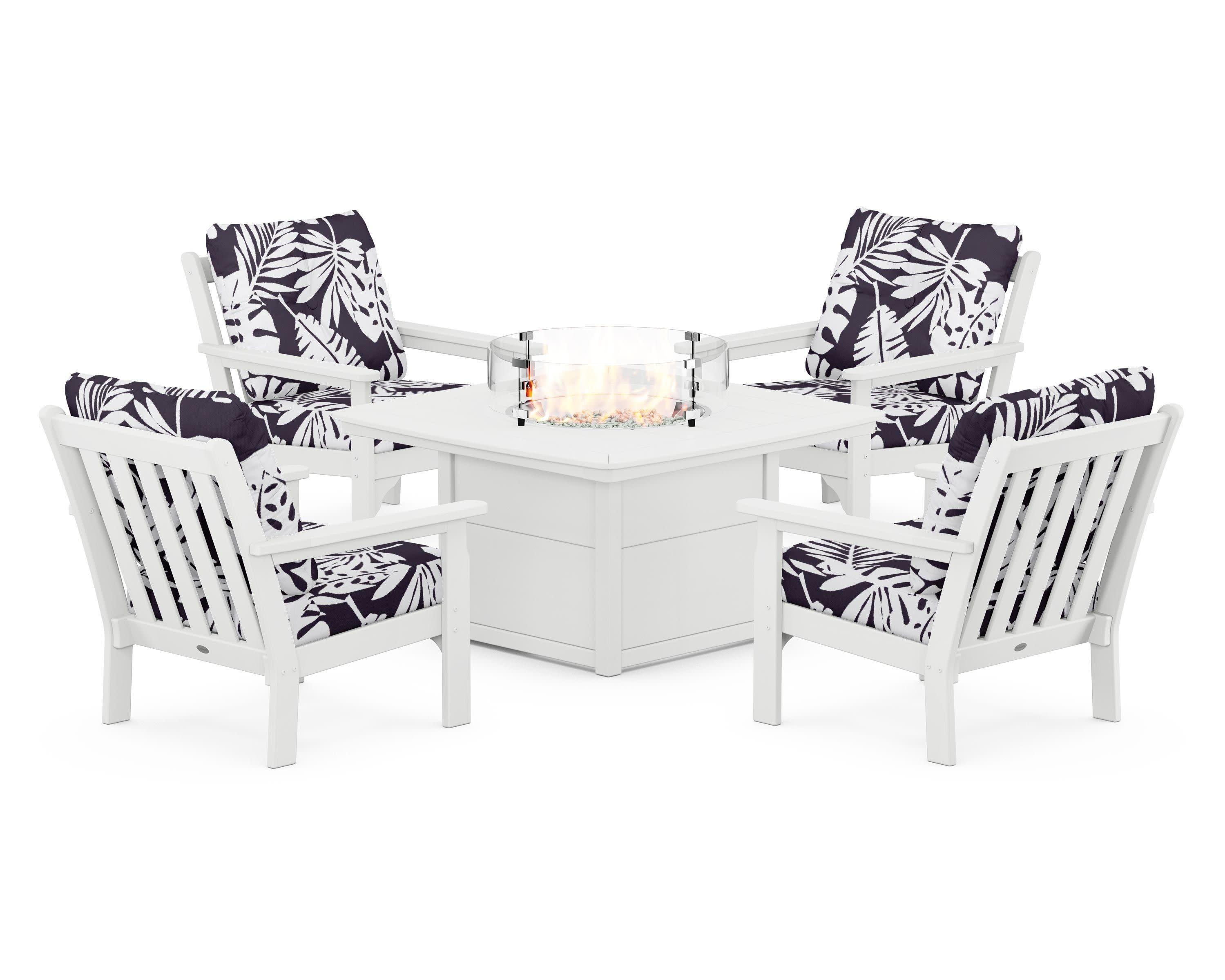 Vineyard 5-Piece Conversation Set with Fire Pit Table in White / Leaf Navy