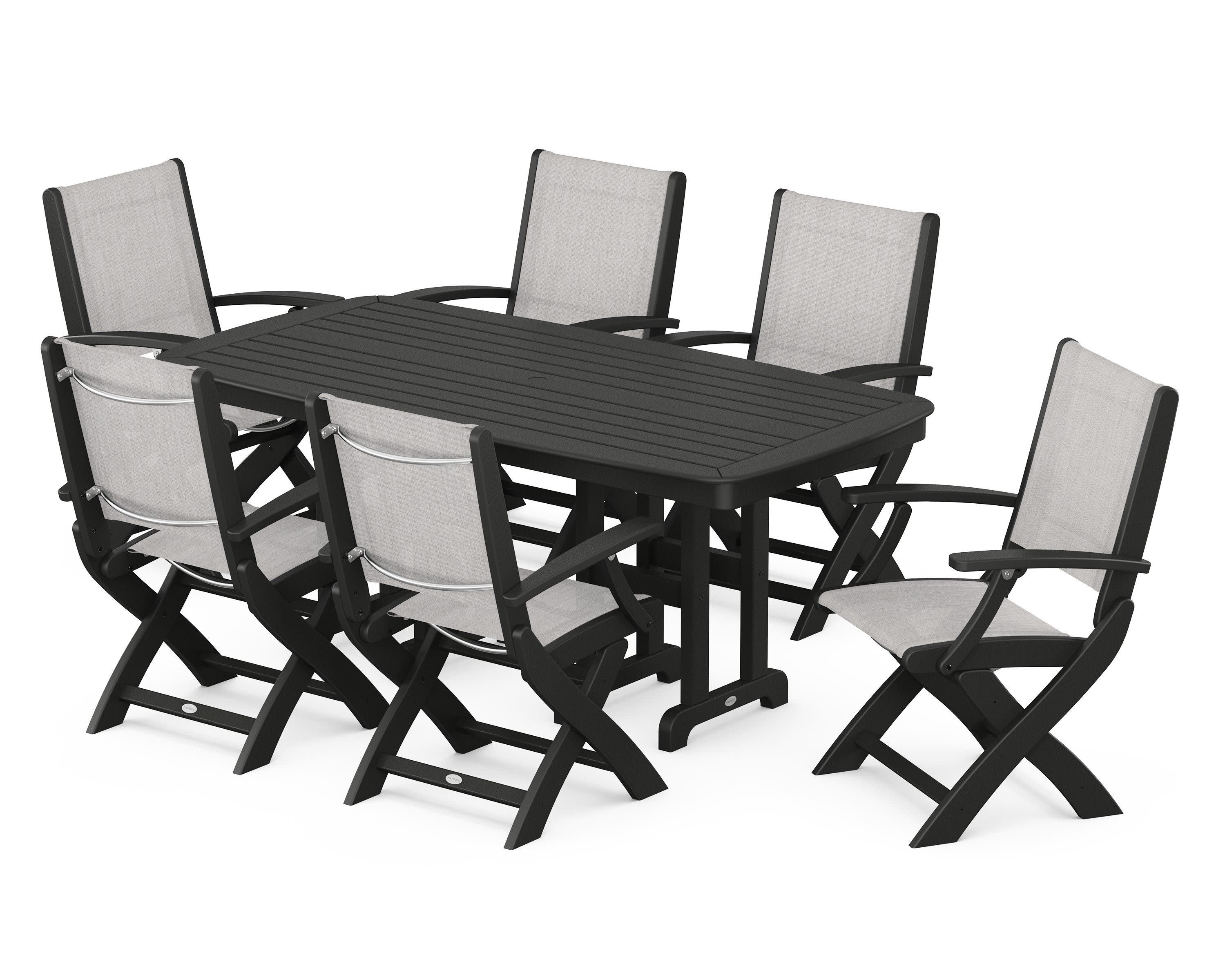 Coastal Folding Arm Chair 7-Piece Dining Set in Black / Parchment Sling