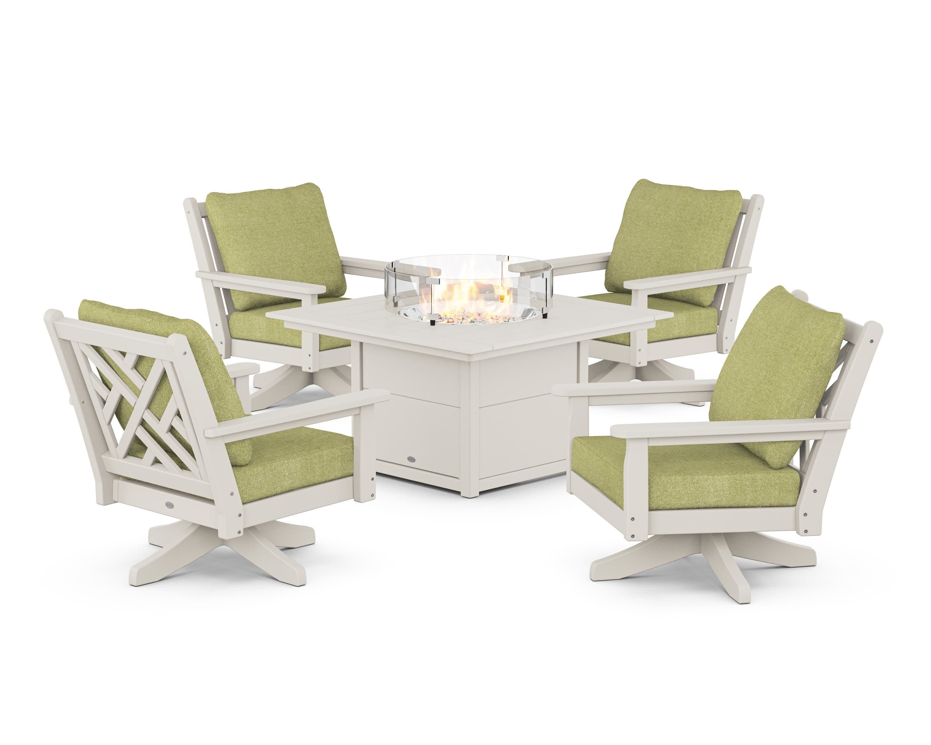 Chippendale 5-Piece Deep Seating Swivel Conversation Set with Fire Pit Table in Sand / Chartreuse Boucle
