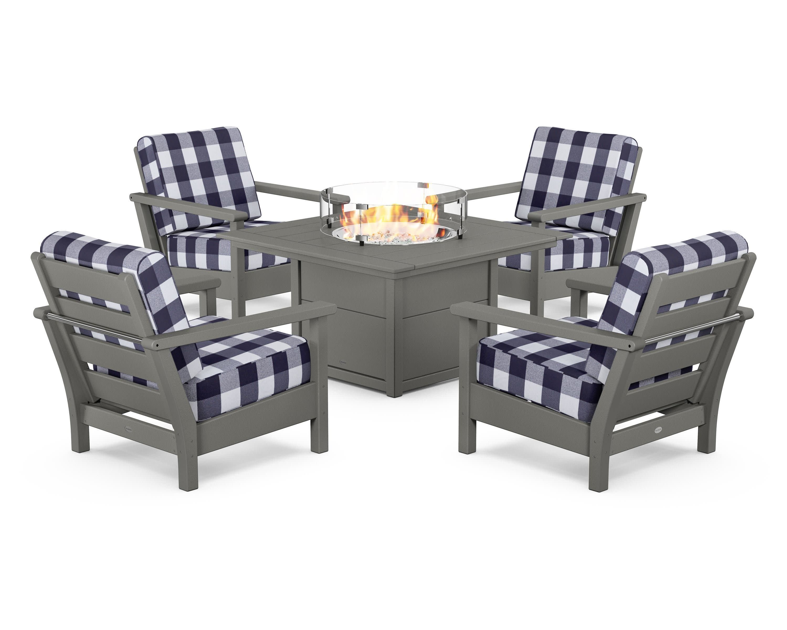 Harbour 5-Piece Conversation Set with Fire Pit Table in Slate Grey / Buffalo Plaid Navy
