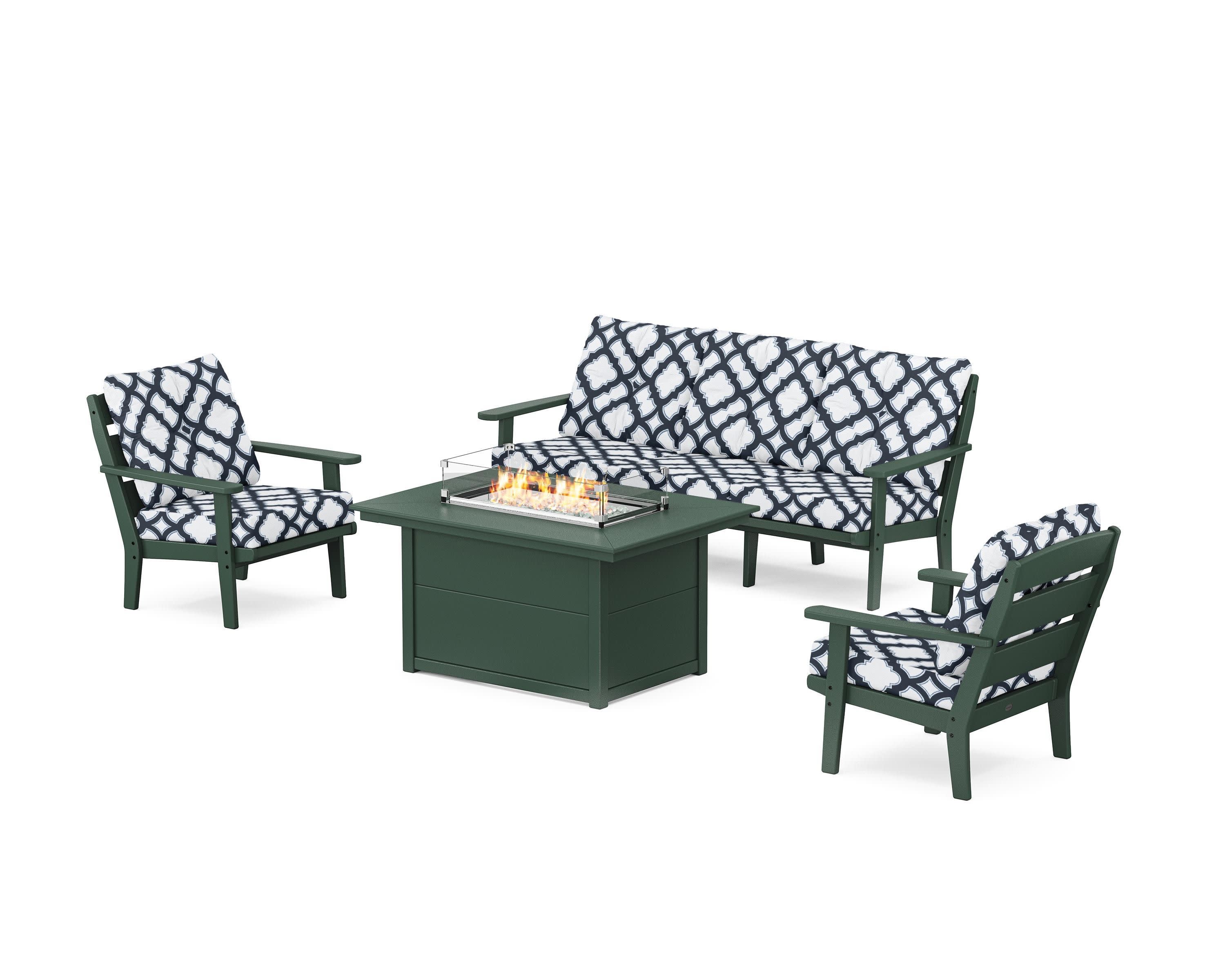 Lakeside Deep Seating Fire Pit Table Set in Green / Trellis Marine Indigo