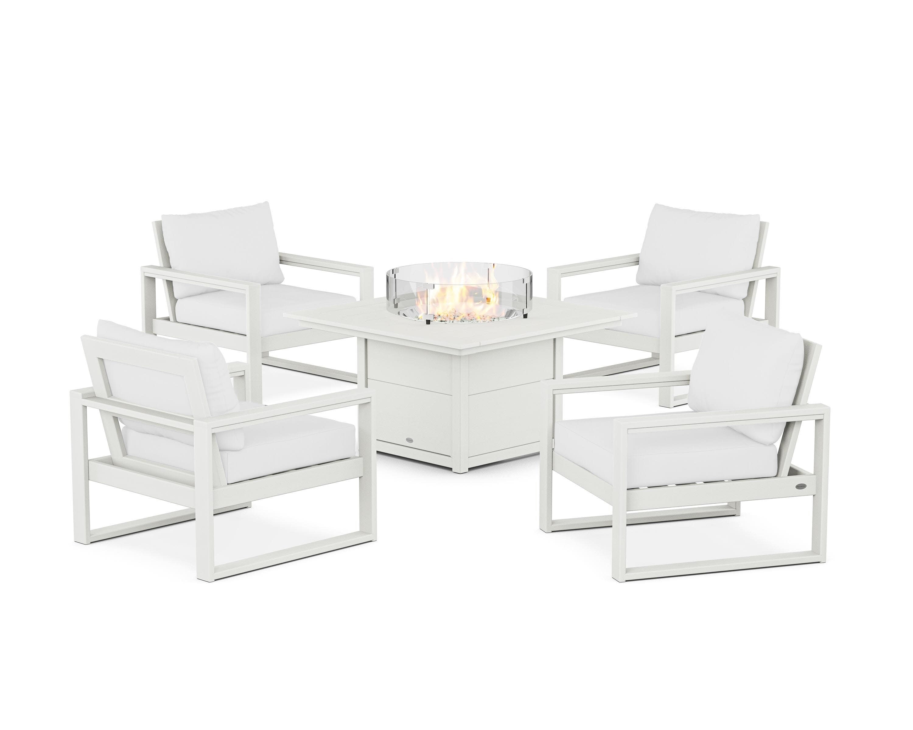 EDGE Sectional 5-Piece Deep Seating Set with Fire Pit Table in Vintage White / Natural