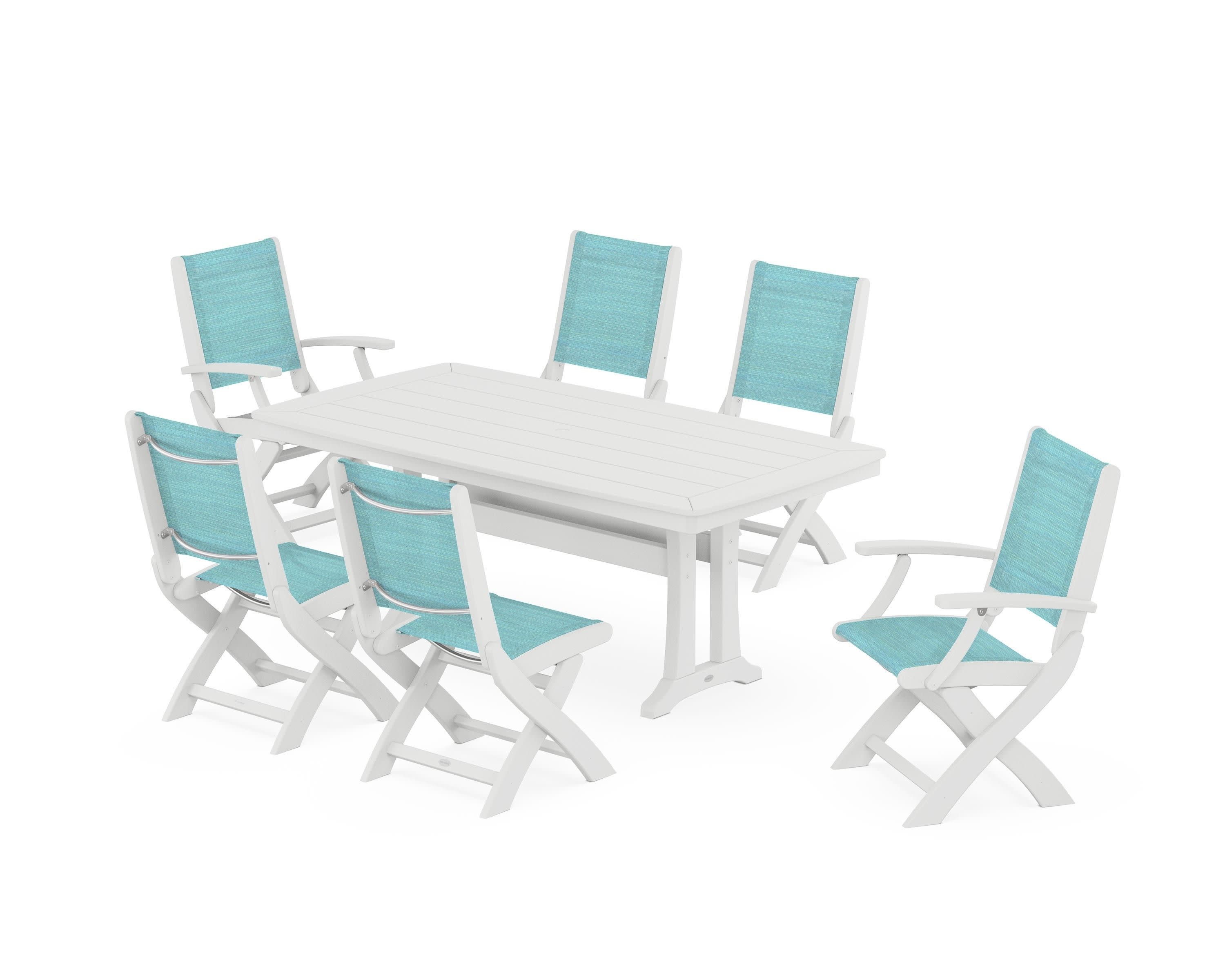 Coastal Folding Chair 7-Piece Dining Set with Trestle Legs in White / Dupioni Aquamarine Sling