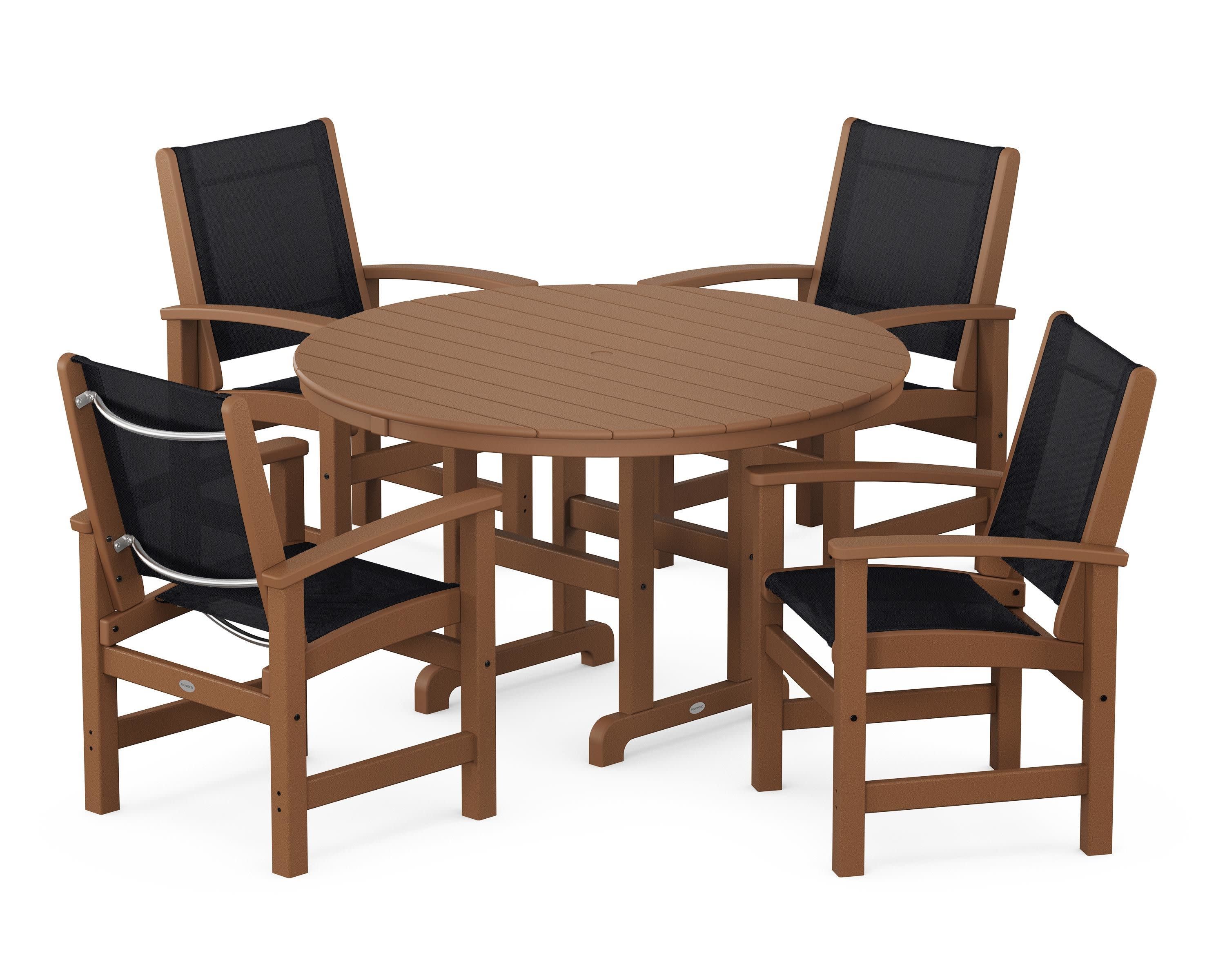 Coastal 5-Piece Round Farmhouse Dining Set in Teak / Black Sling