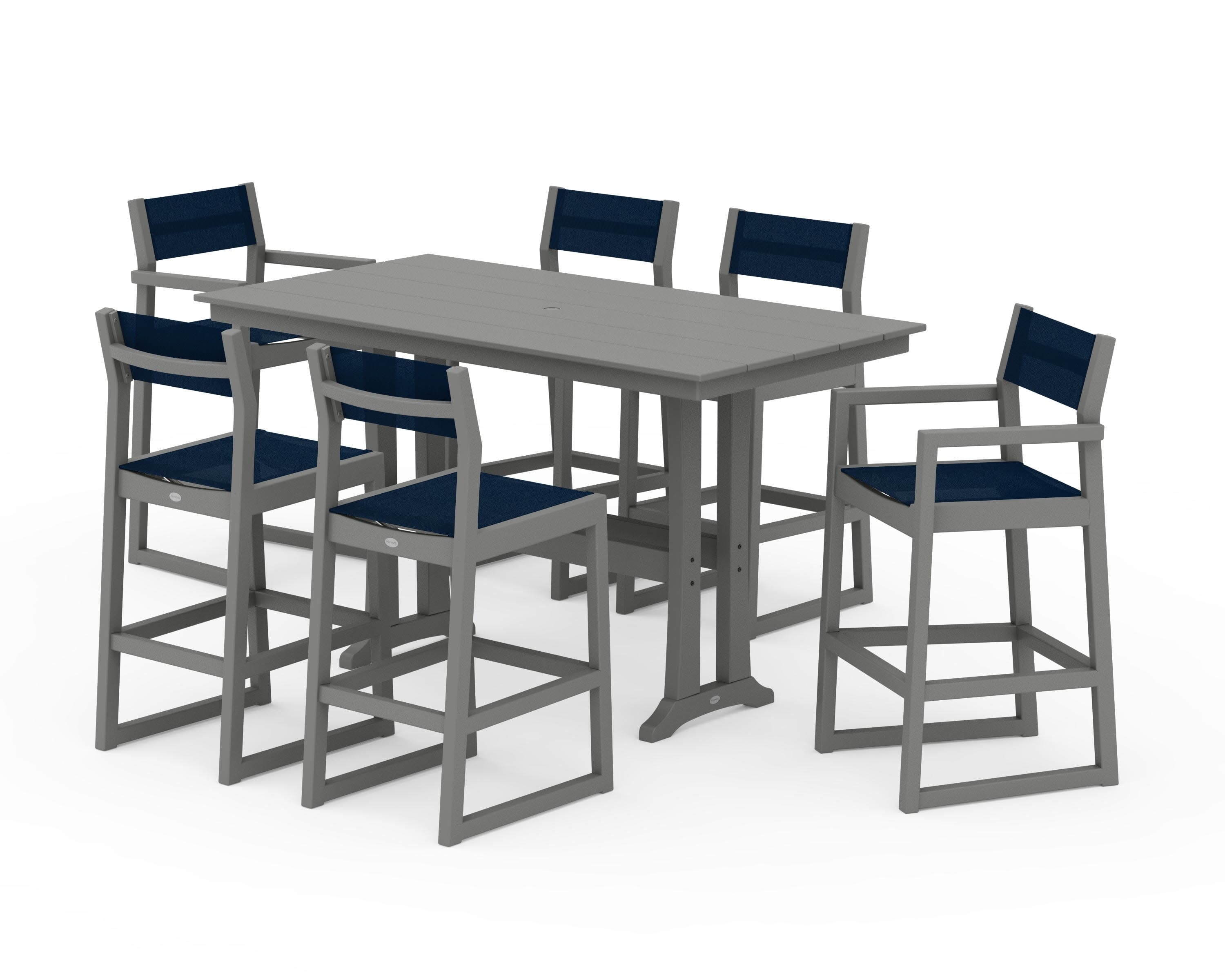 EDGE Sling 7-Piece Farmhouse Bar Set with Trestle Legs in Slate Grey / Navy Blue Sling