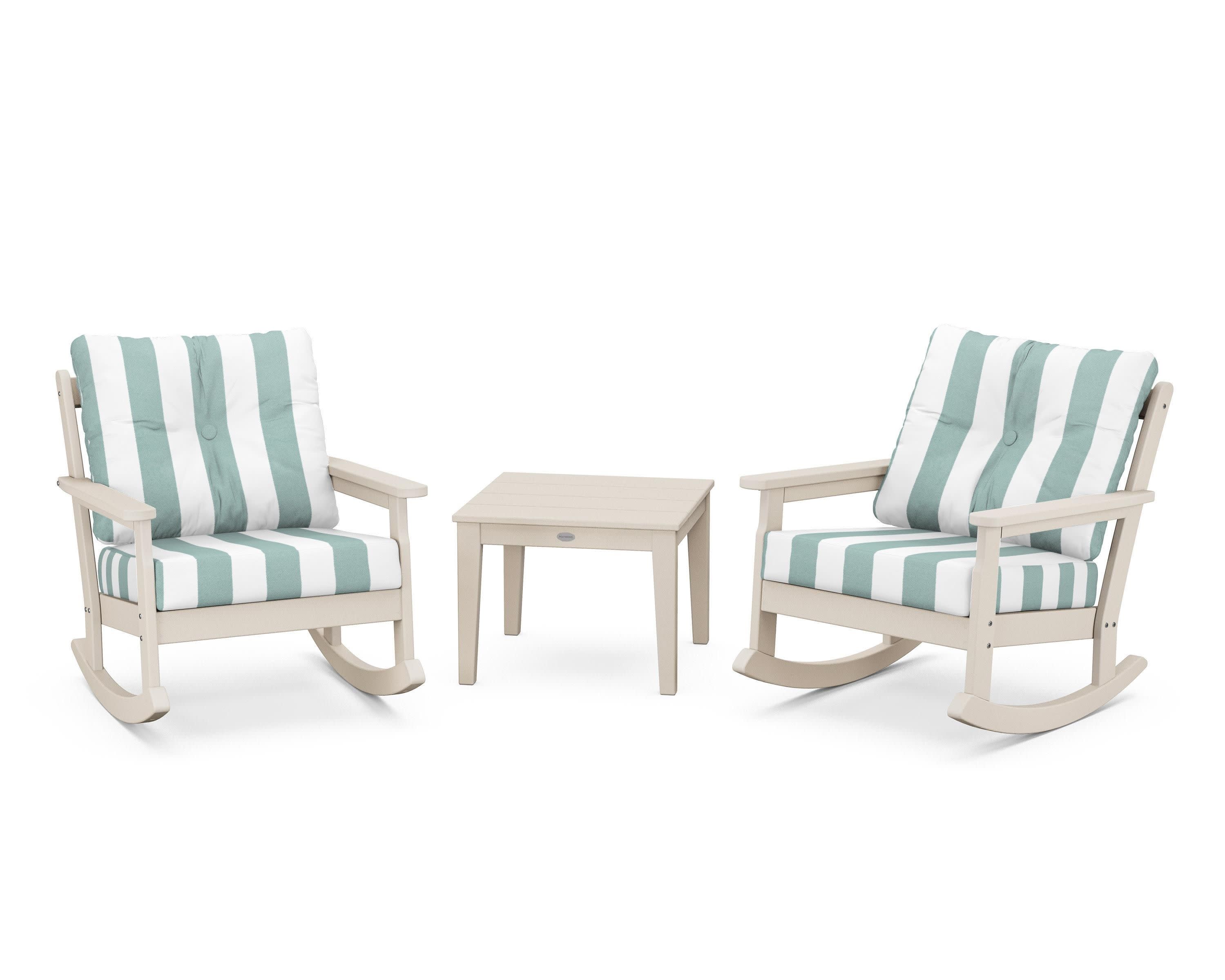 Vineyard 3-Piece Deep Seating Rocker Set in Sand / Cabana Stripe Glacier Spa