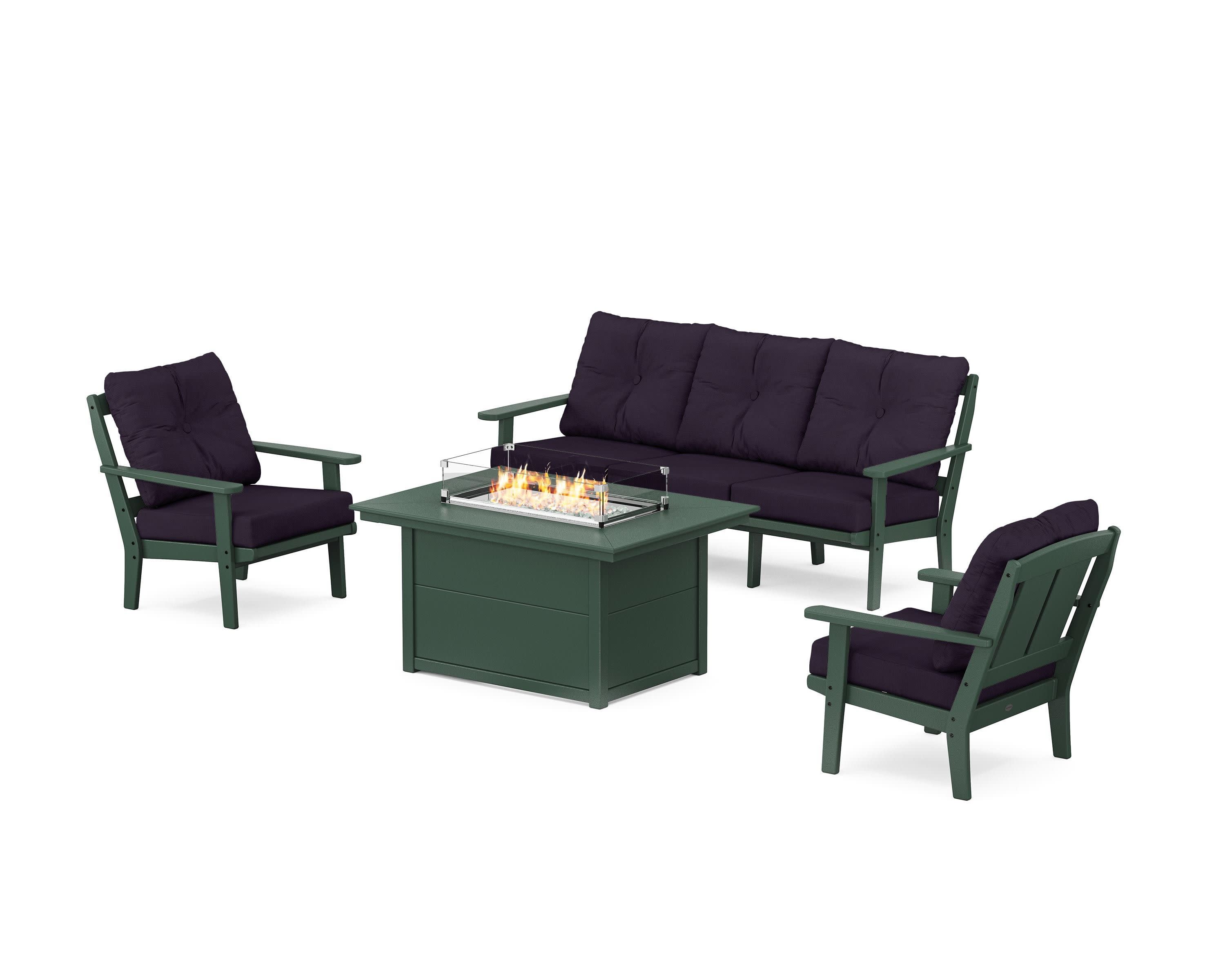 Mission Deep Seating Fire Pit Table Set in Green / Navy Linen