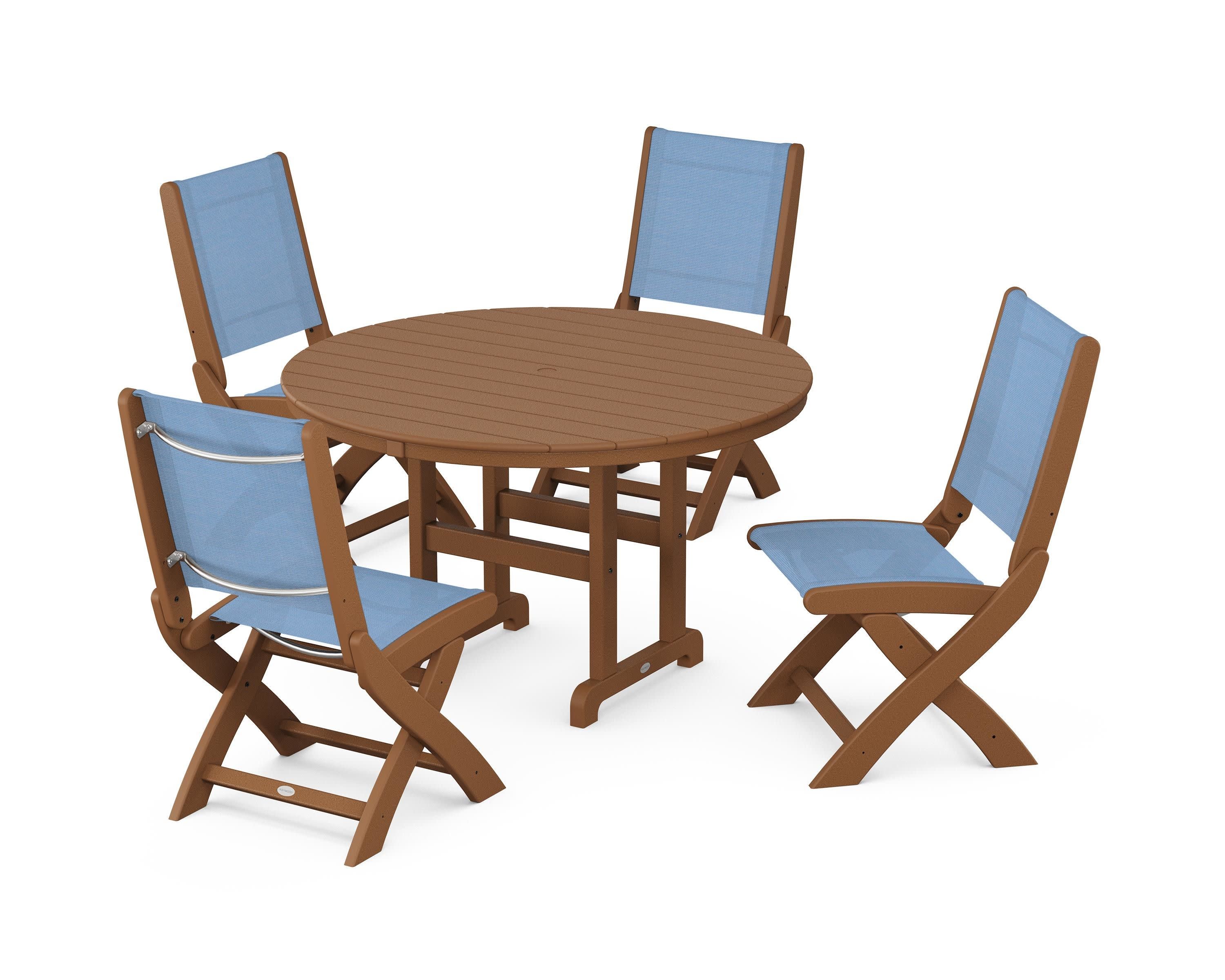 Coastal Folding Side Chair 5-Piece Round Dining Set in Teak / Poolside Sling