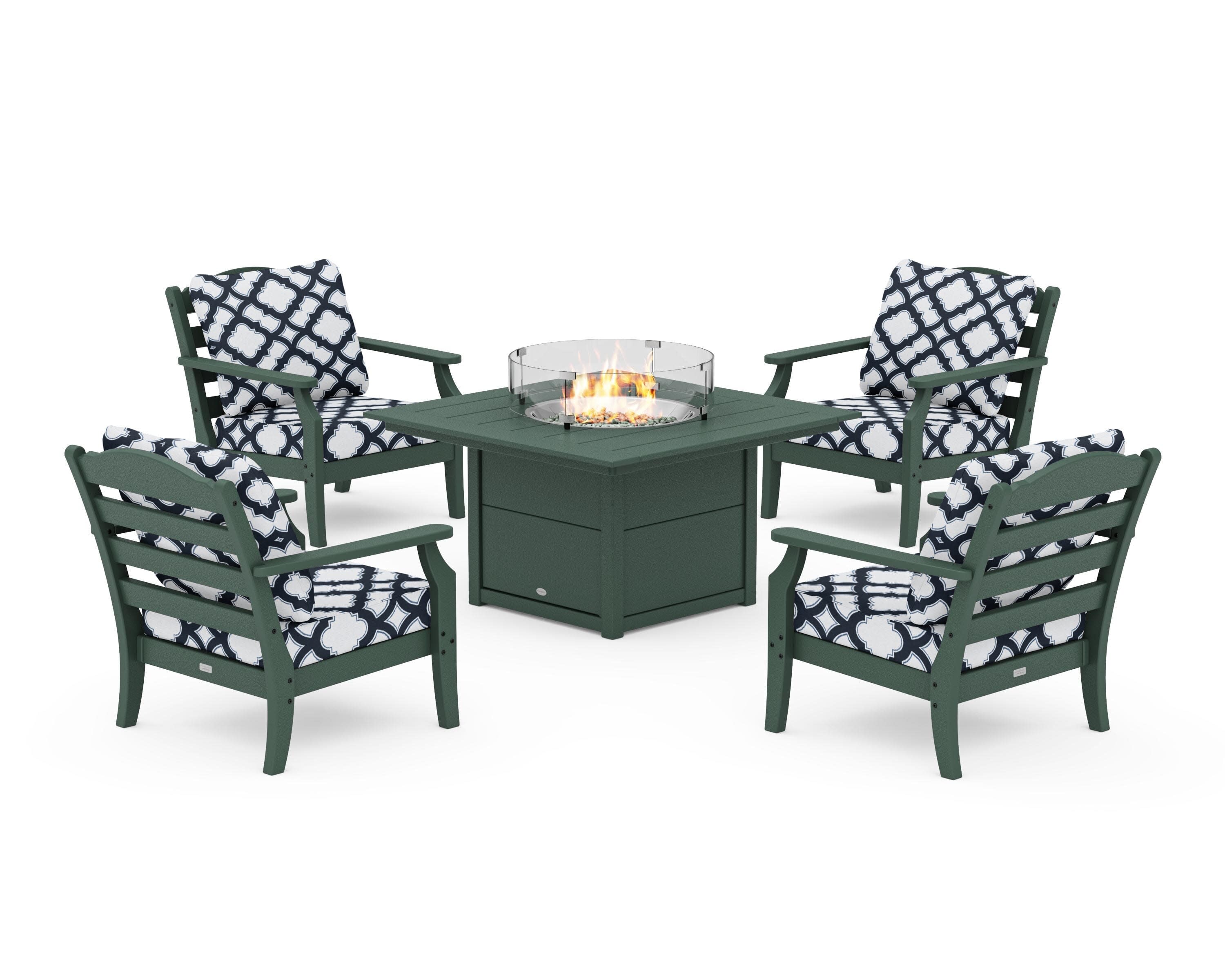 Savannah 5-Piece Deep Seating Set with Fire Pit Table in Green / Trellis Marine Indigo