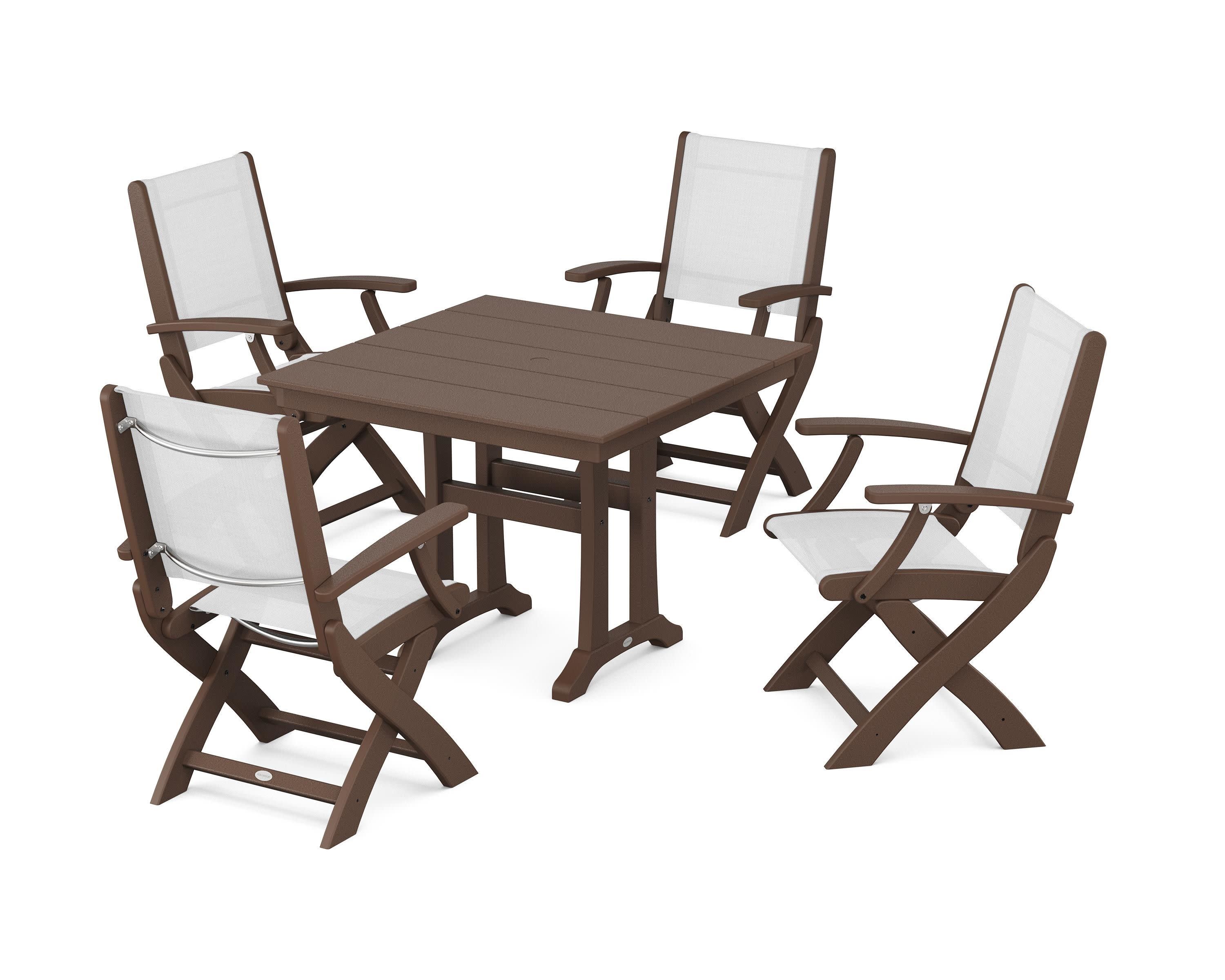 Coastal Folding Chair 5-Piece Farmhouse Dining Set With Trestle Legs in Mahogany / White Sling