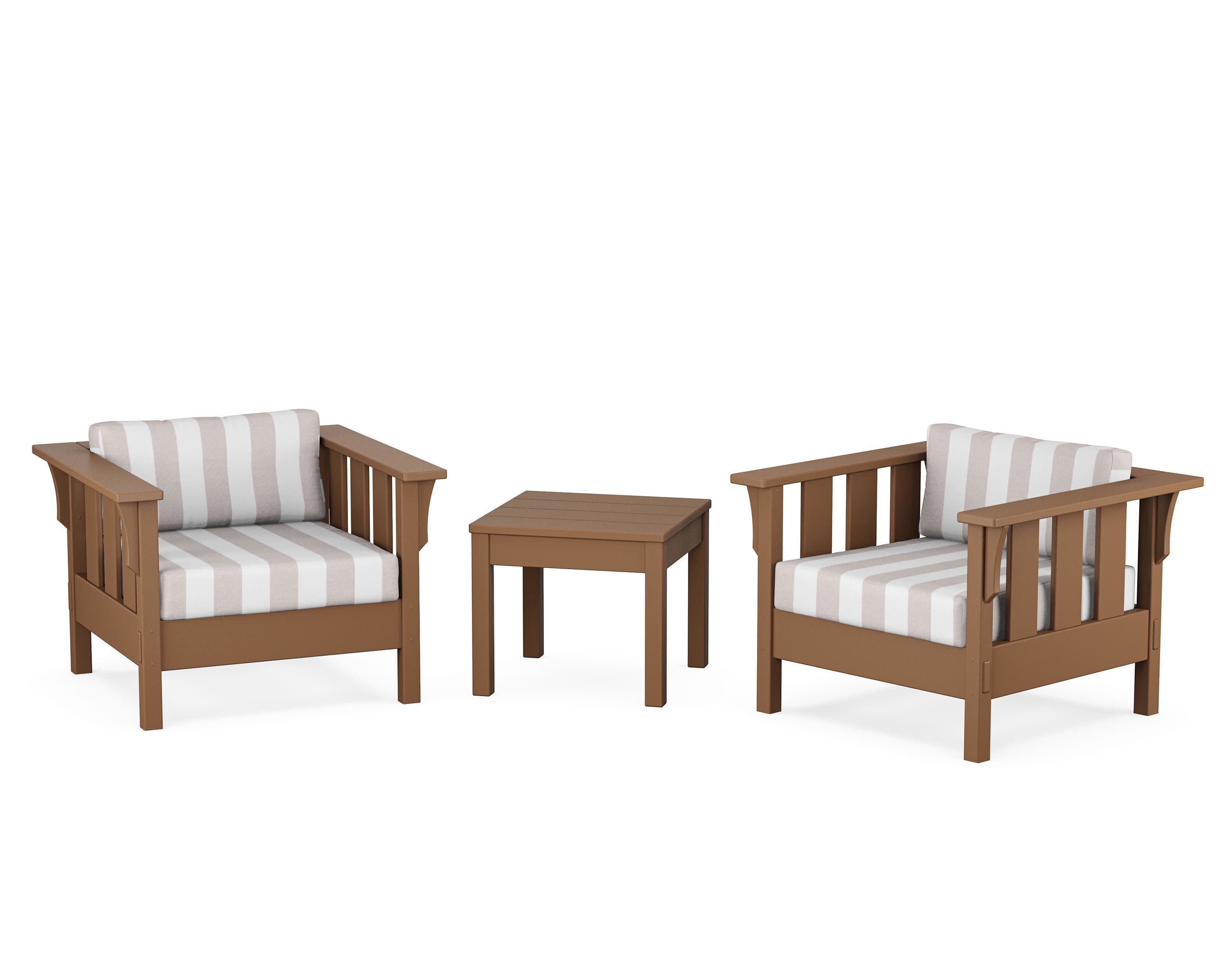 Acadia 3-Piece Deep Seating Set in Teak / Cabana Stripe Dune Burlap