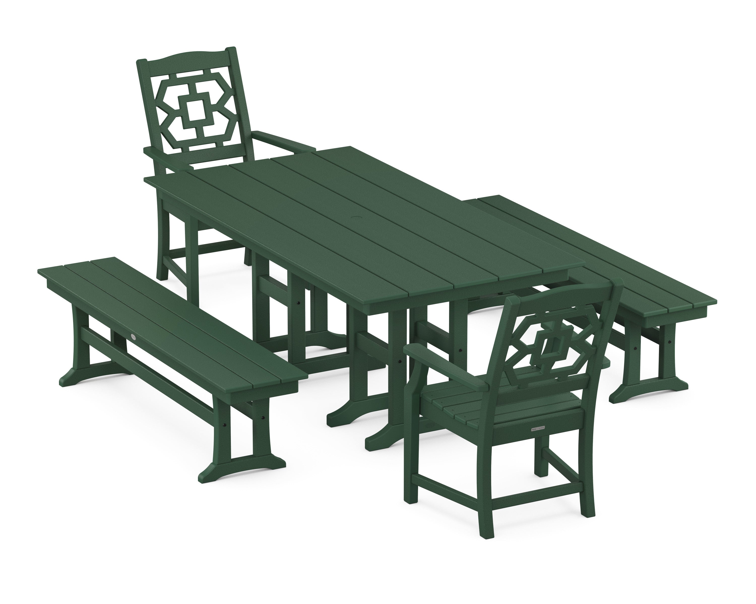 Chinoiserie 5-Piece Farmhouse Dining Set with Benches in Green
