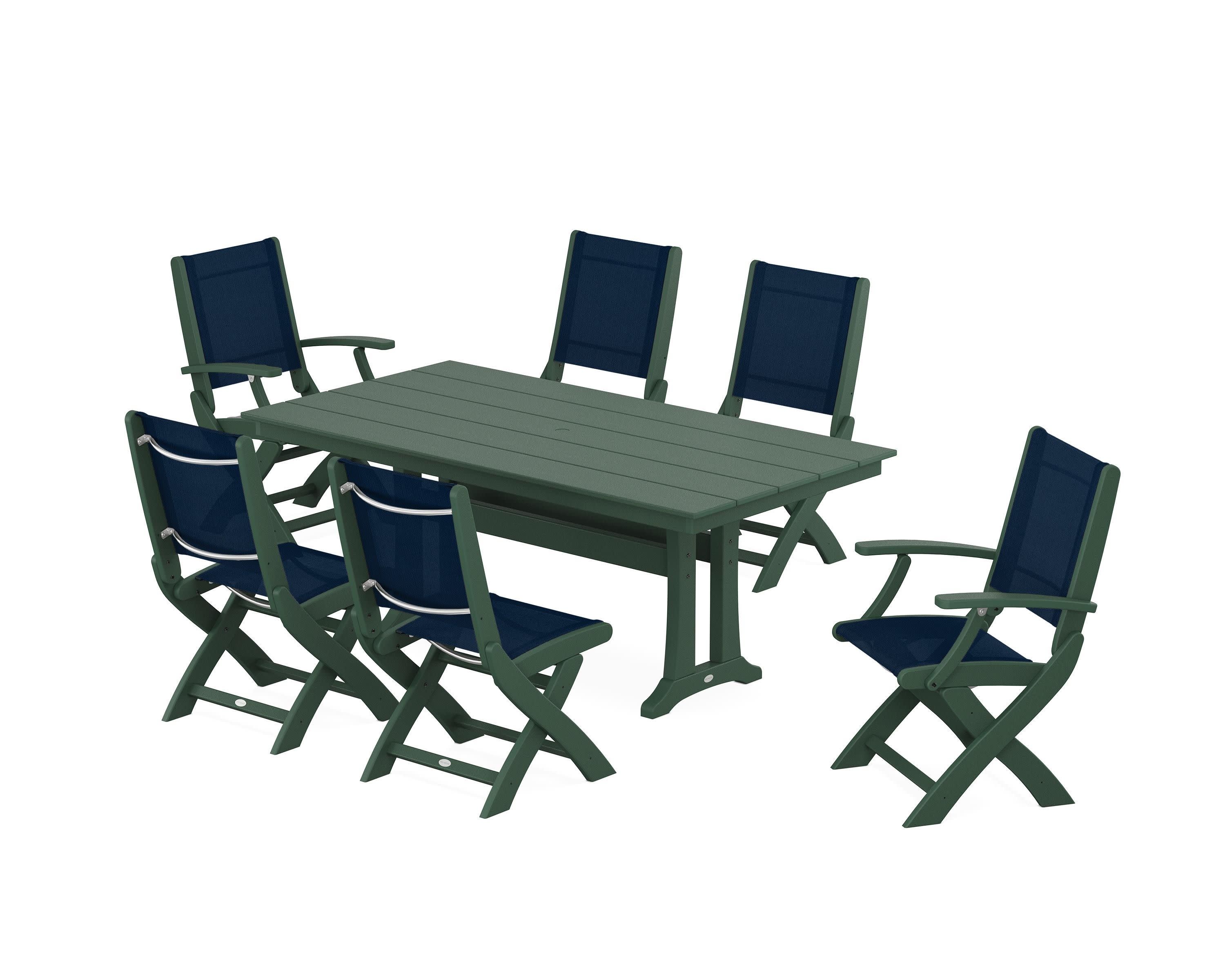 Coastal Folding Chair 7-Piece Farmhouse Dining Set with Trestle Legs in Green / Navy Blue Sling